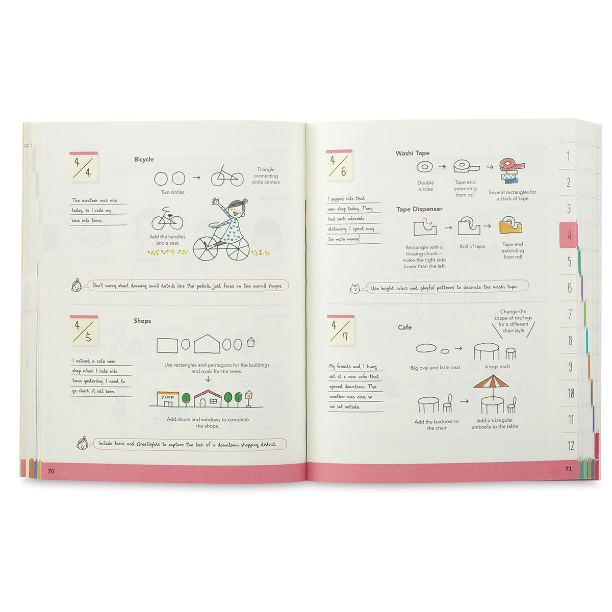 How to Draw Almost Every Day - Spread with projects of Bicycles and Shops