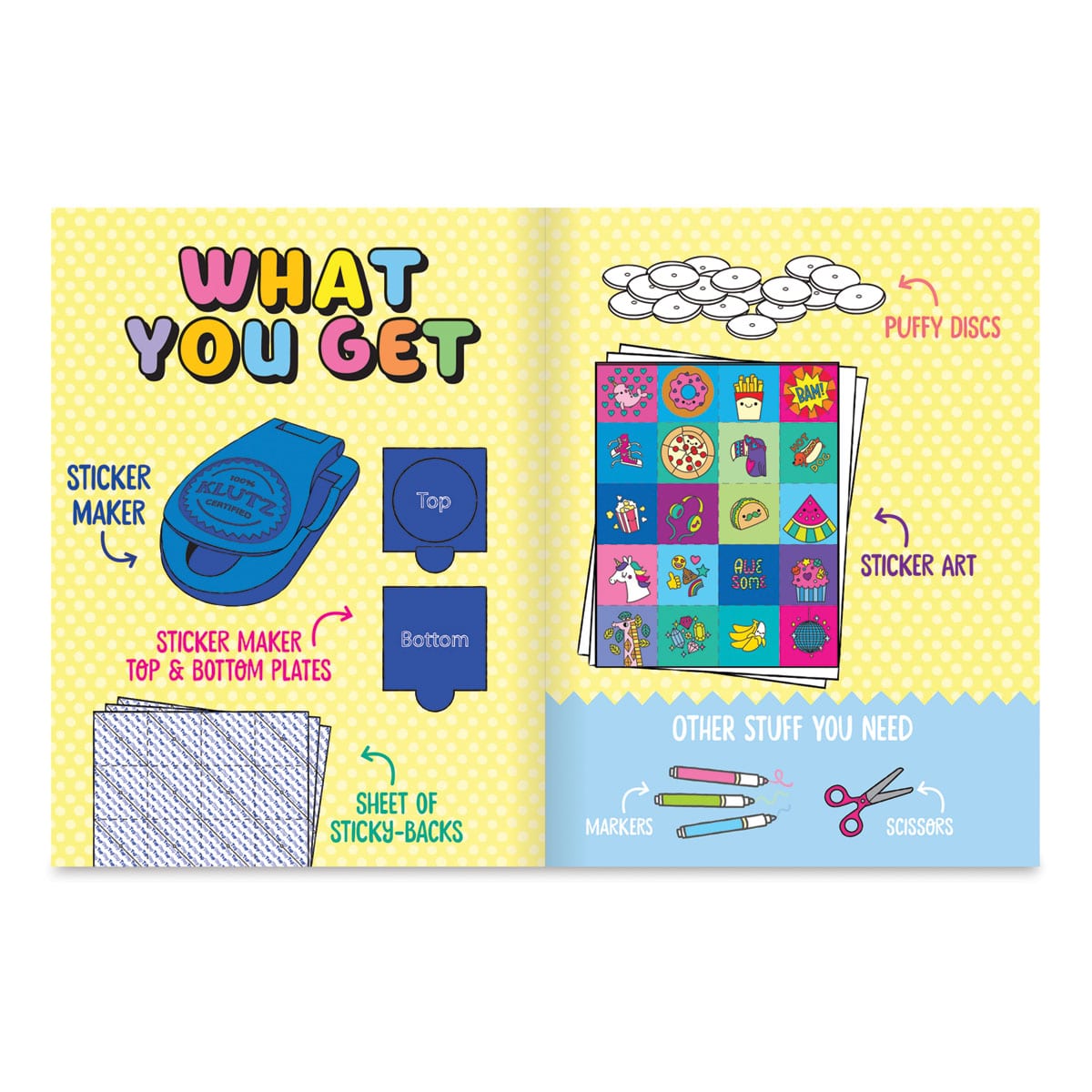 Klutz Make Your Own Puffy Stickers - Inside spread of Instructions showing contents included in kit

