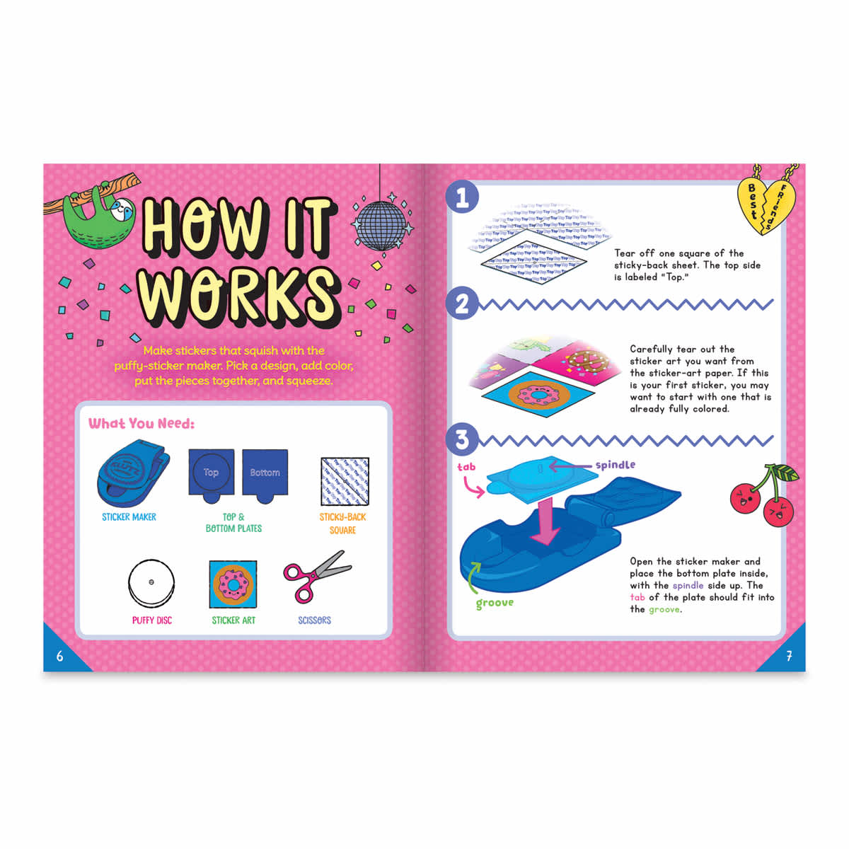 Klutz Make Your Own Puffy Stickers - Inside spread of instructions showing how kit works
