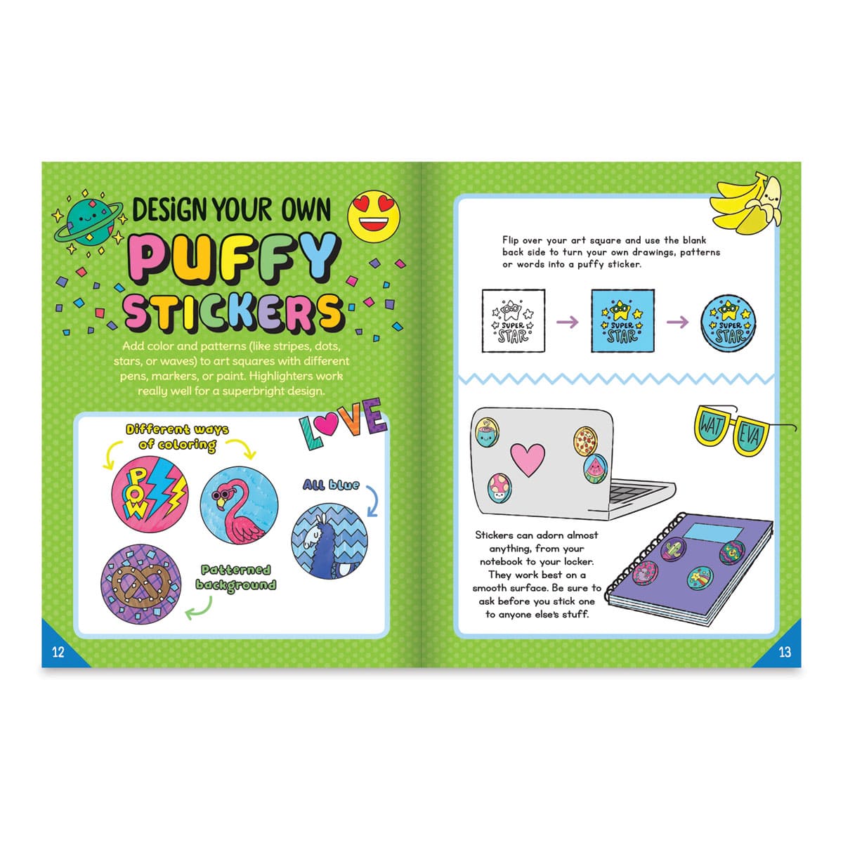 Klutz Make Your Own Puffy Stickers - Inside spread of instructions showing how to decorate stickers
