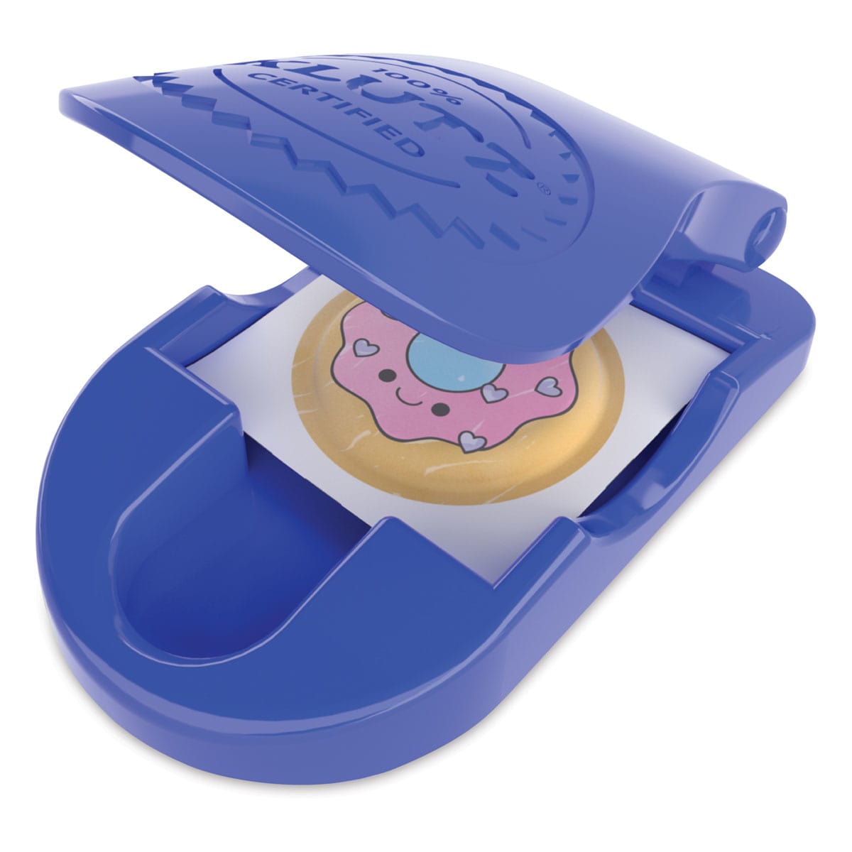 Klutz Make Your Own Puffy Stickers - Angled view of Sticker Maker with 1 completed puffy sticker
