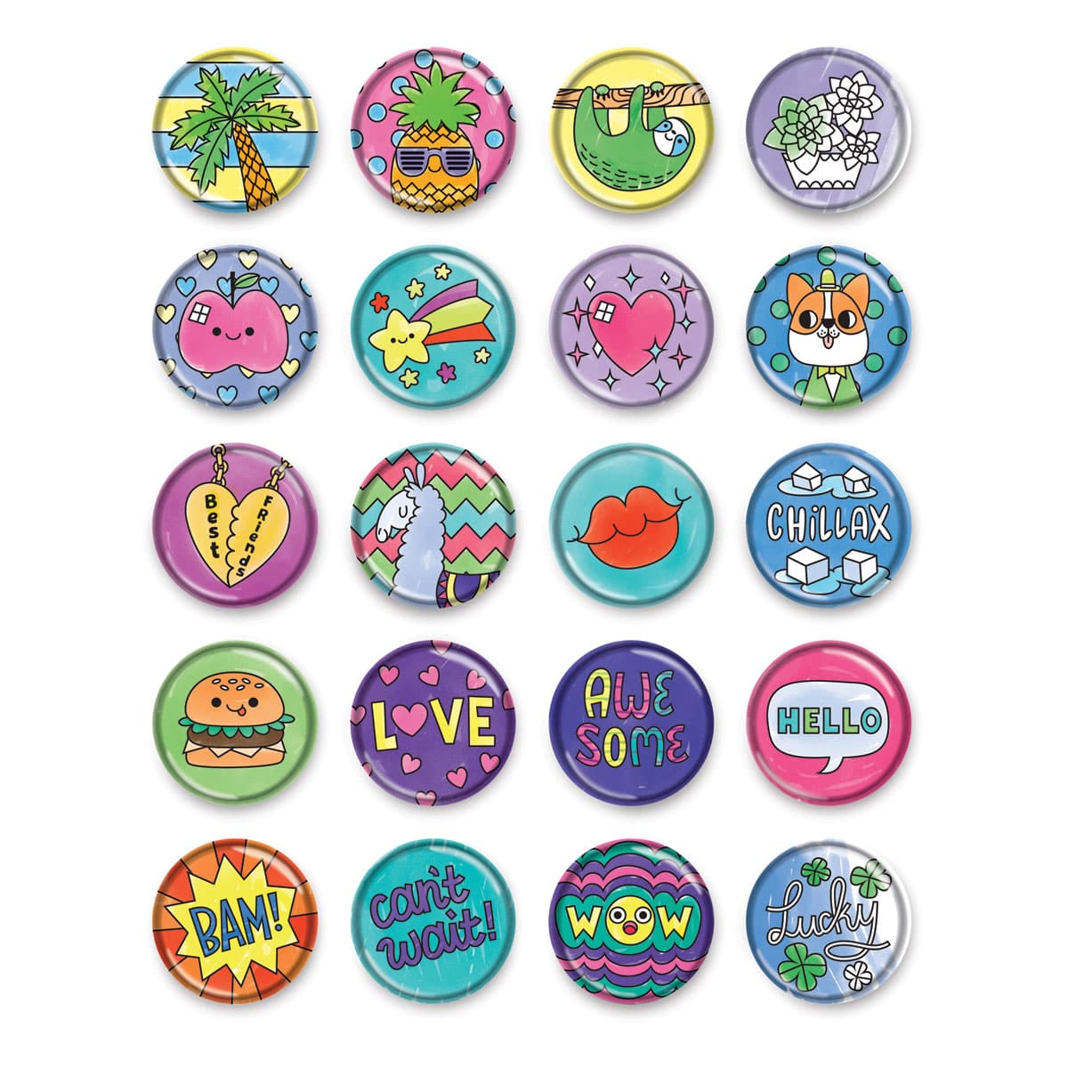 Klutz Make Your Own Puffy Stickers - A selection of 20 finished puffy stickers in 5 rows
