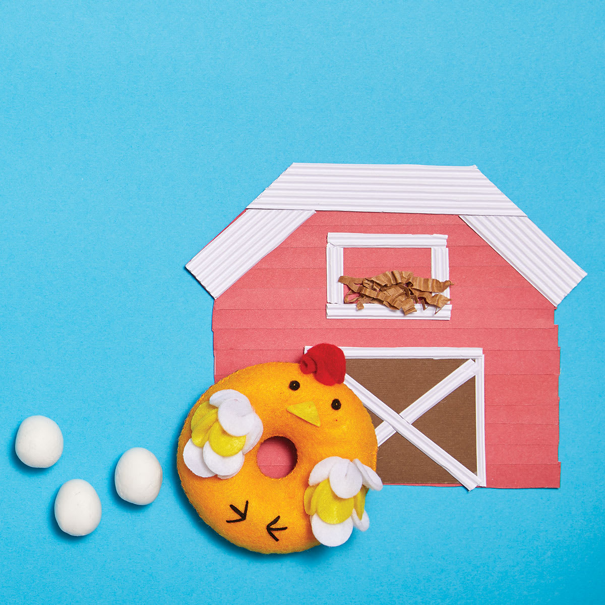 Sew Your Own Donut Animals - Plush Donut Rooster with Barn and Felt eggs