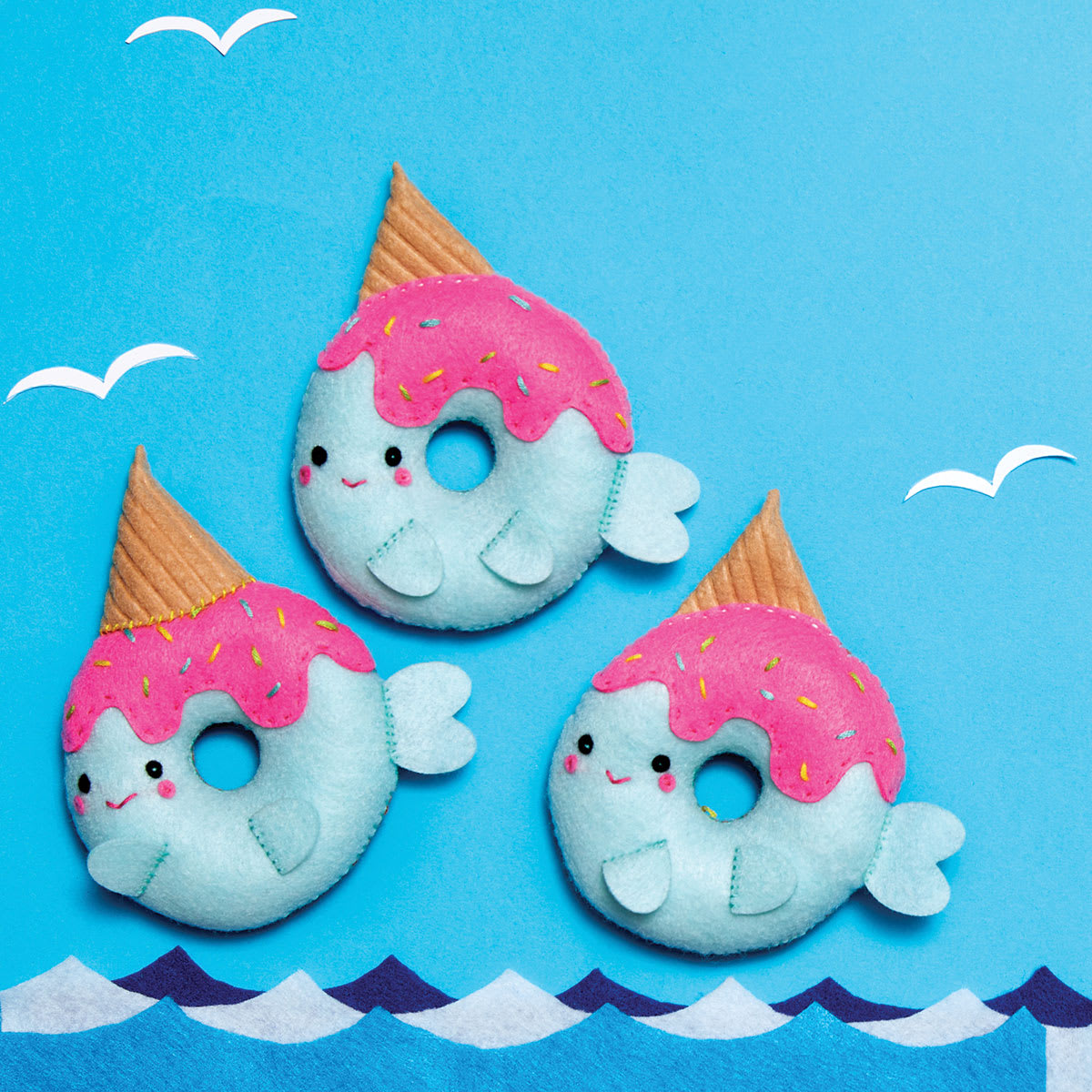 Sew Your Own Donut Animals - 3 Plush Narwhal Donuts in Felt Ocean