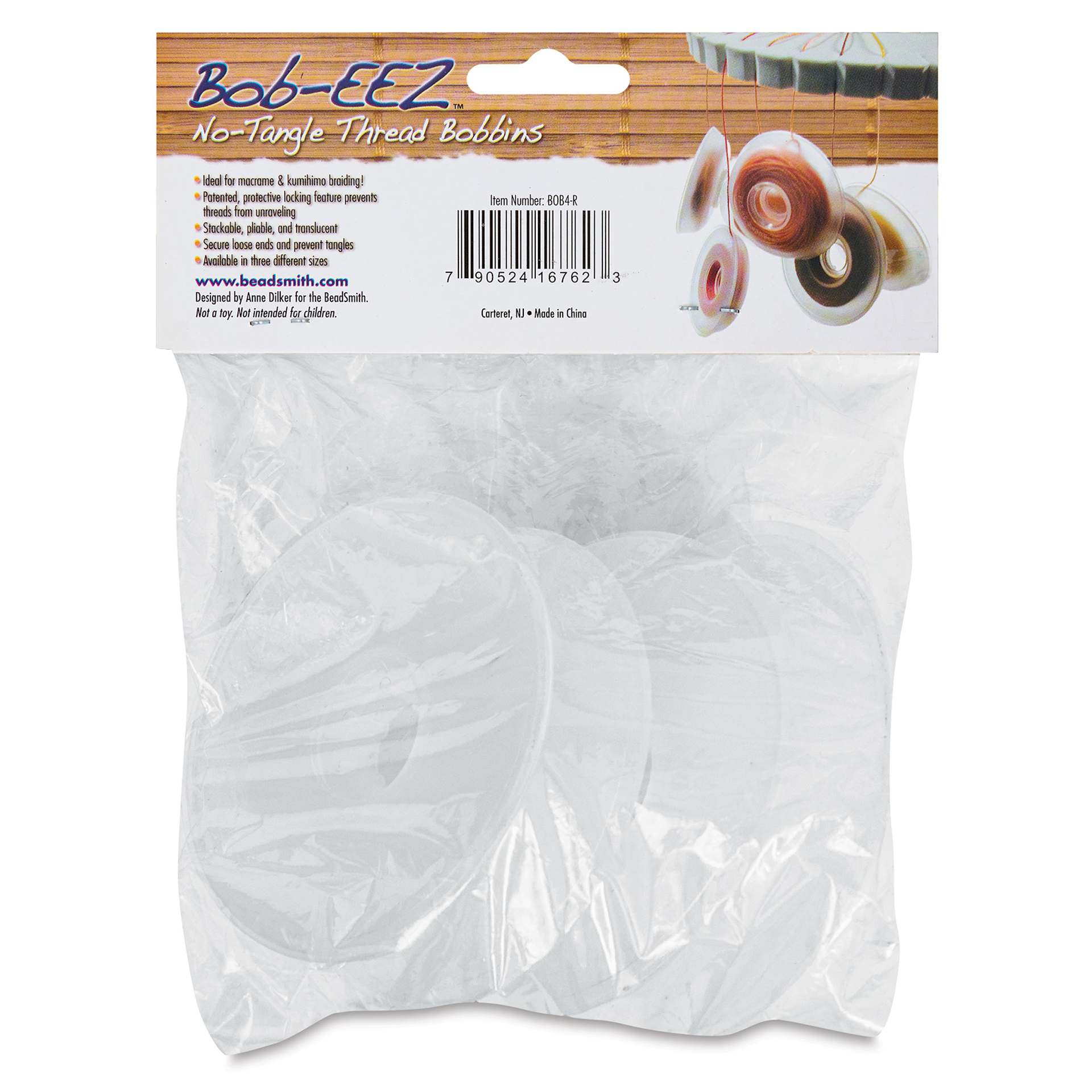 Beadsmith Bob-EEZ No Tangle Thread Bobbins - 3-1/2" Diameter, Pkg of 4, back of the packaging