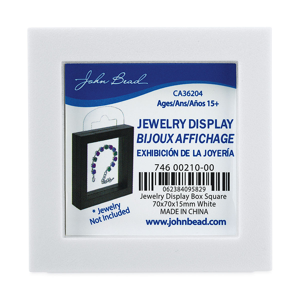 John Bead Jewelry Display Boxes - Front of White Display Box with label

