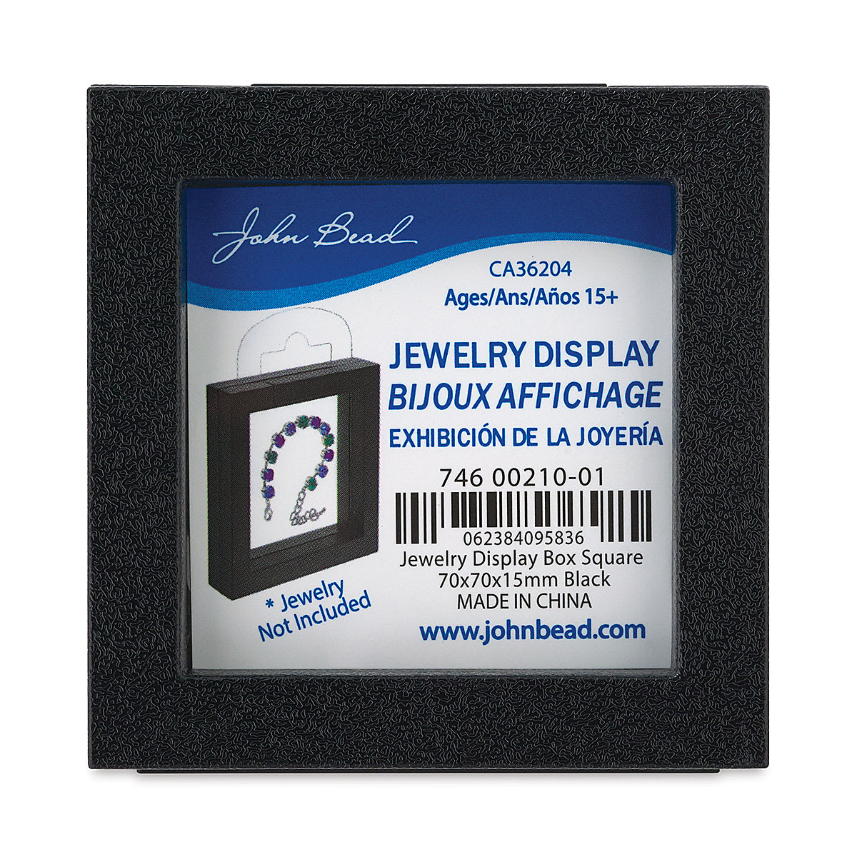 John Bead Jewelry Display Boxes - Front of Black Display Box with label
