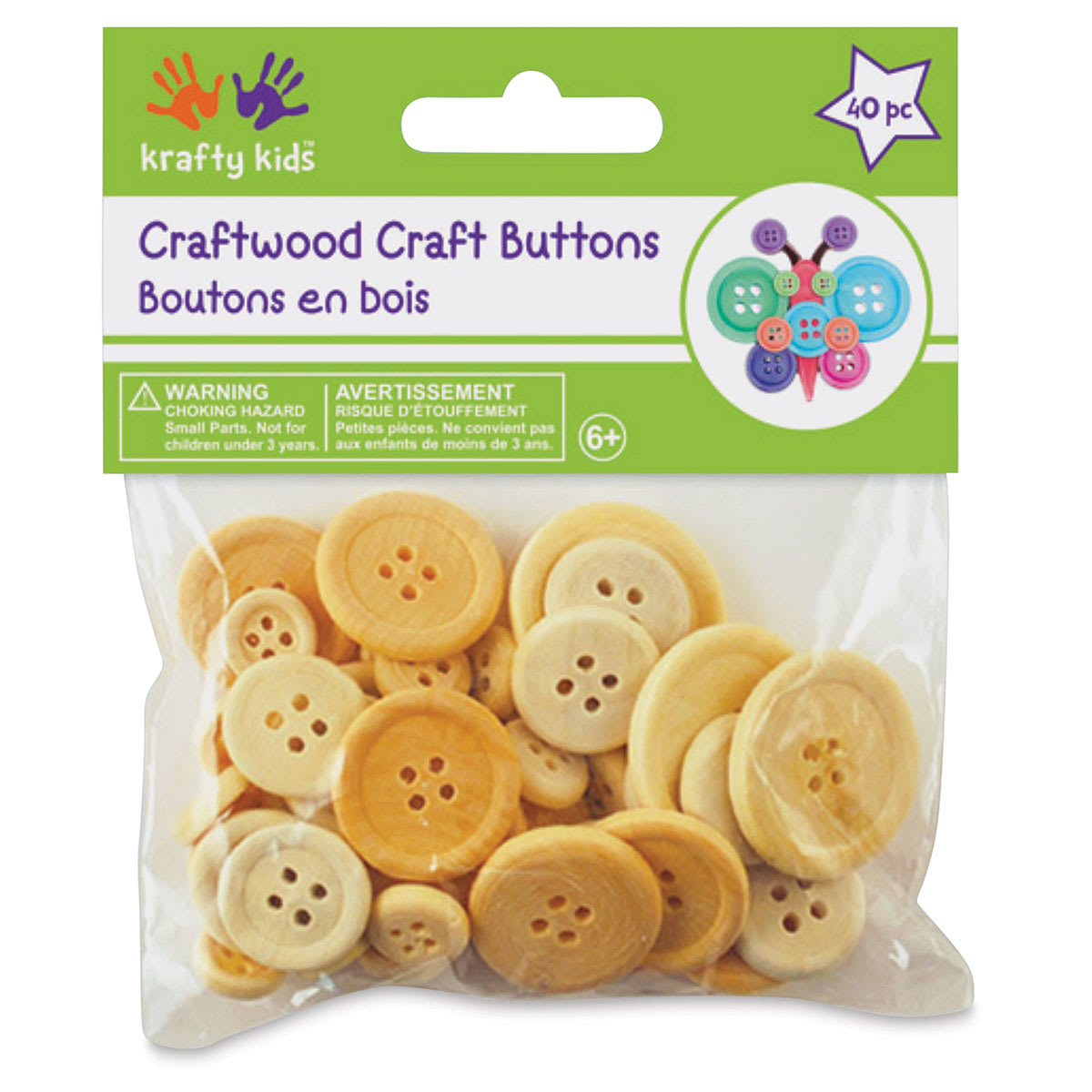 Krafty Kids Wood Craft Buttons - Natural, Package of 40 (In packaging)