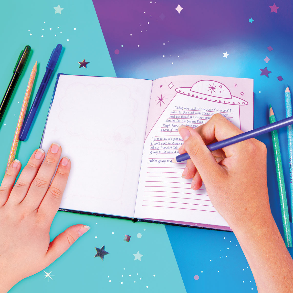 Fashion Angels Cosmic Vibes Only Light-Up Journal (page with handwriting)