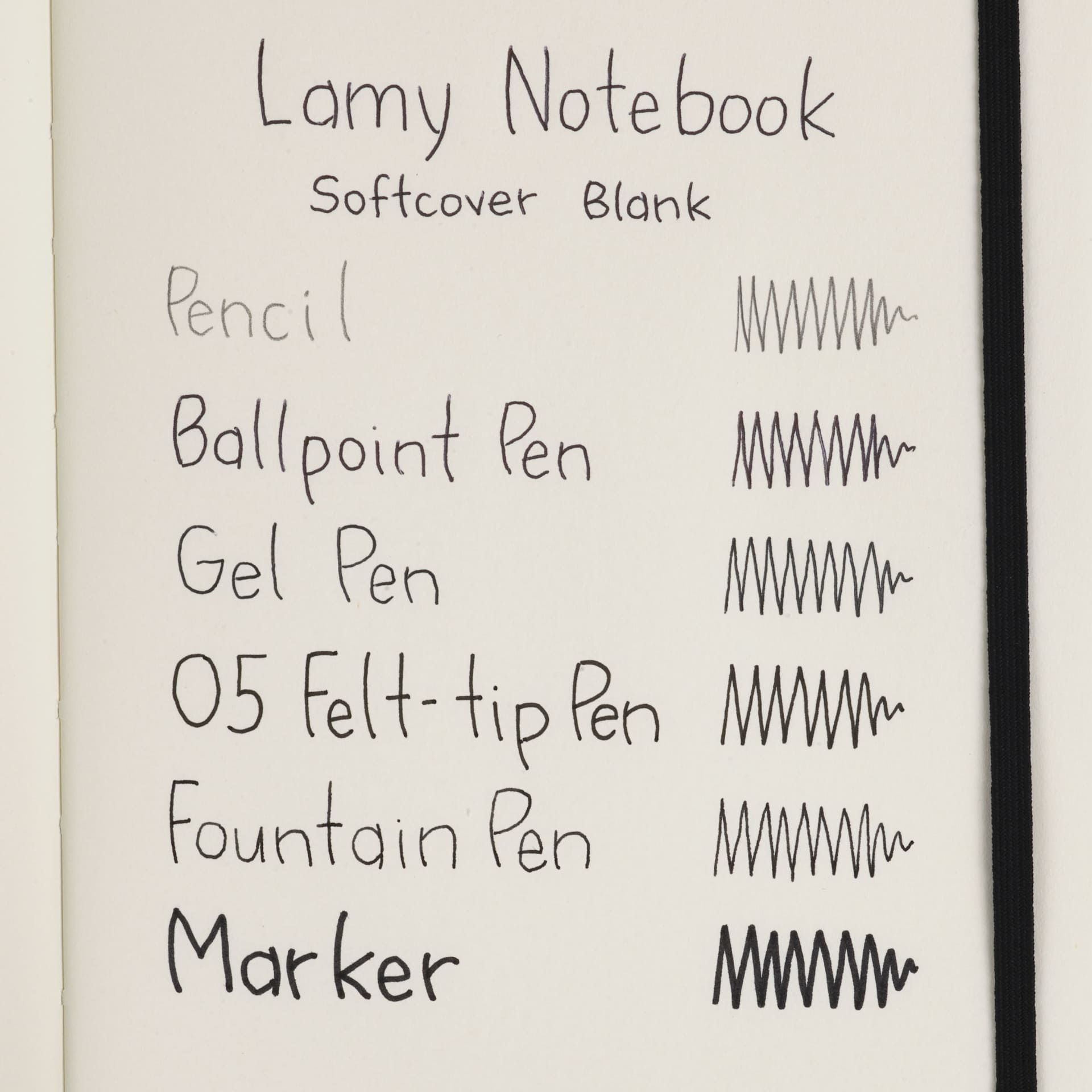 Lamy Softcover Notebook, swatch of pen marks on blank paper