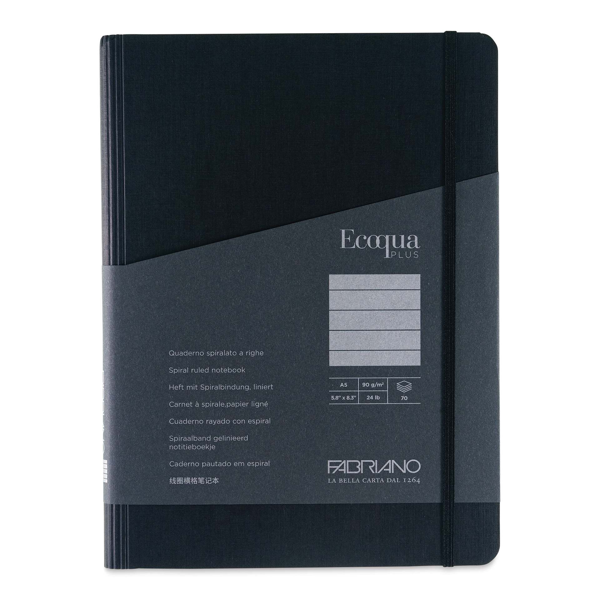 Fabriano Ecoqua Plus Hidden Spiral-Bound Notebook - Black, 8-1/4" x 5-4/5". Ruled, front cover