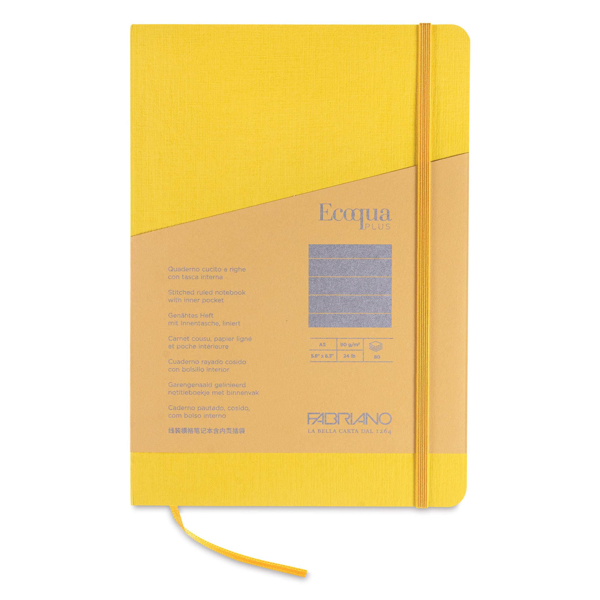 Fabriano EcoQua Plus Stitch-Bound Notebook - Yellow, 5-4/5" x 8-1/4", Lined, front cover