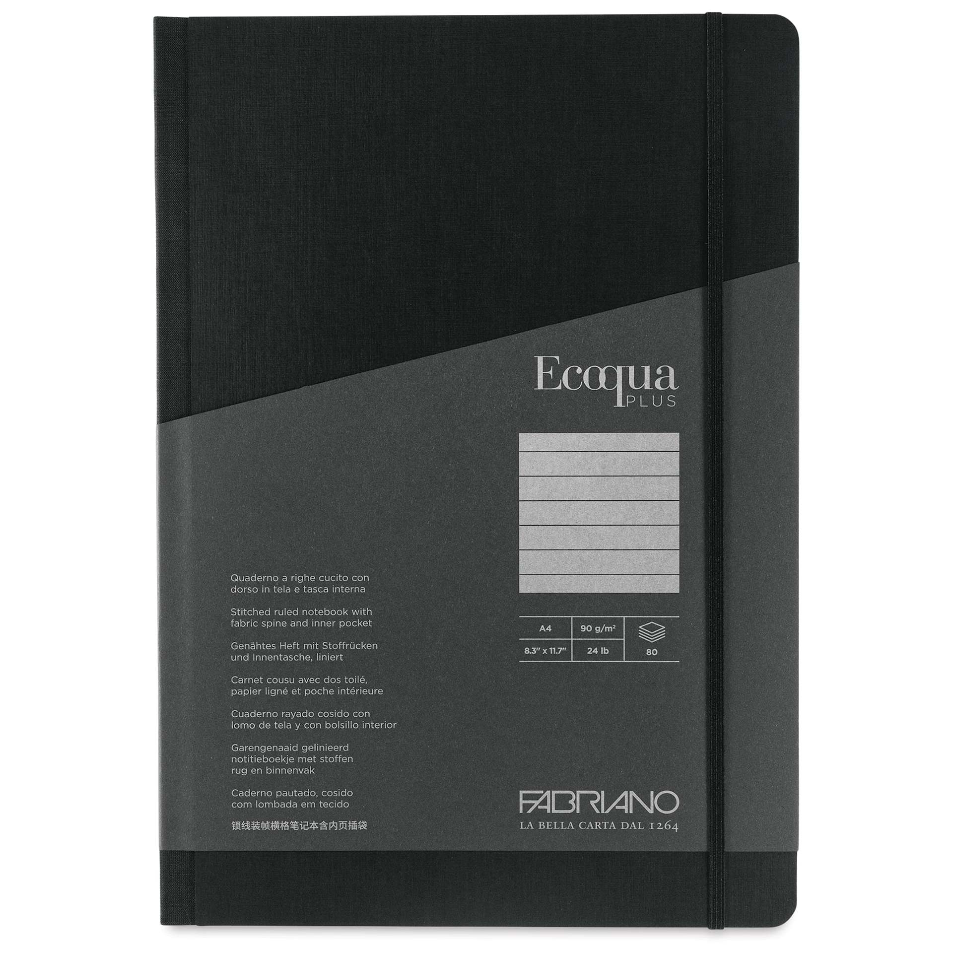 Fabriano Ecoqua Plus Fabric-Bound Notebook - Black, 8-1/4" x 11-7/10", Lined, front cover