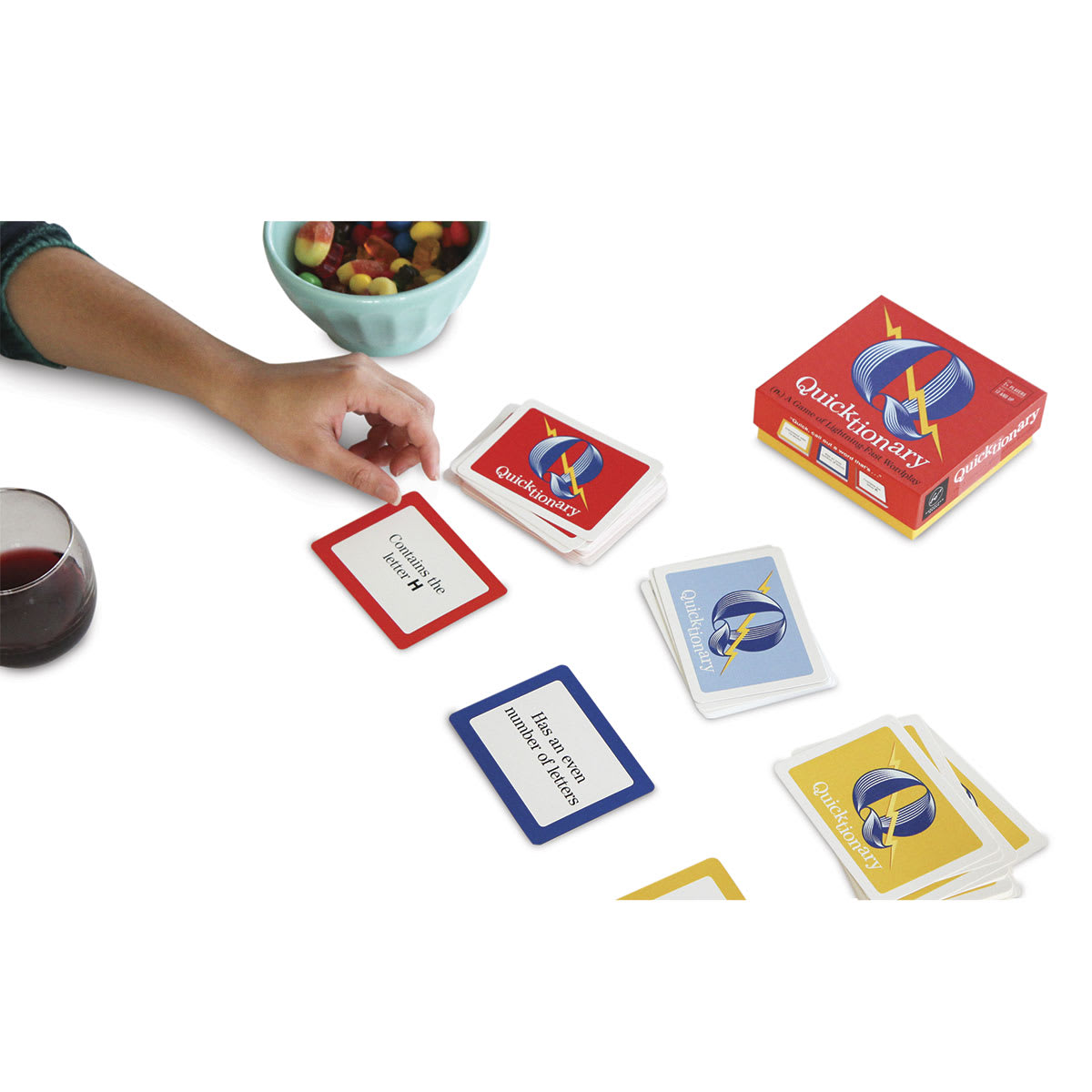 Quicktionary - Three colors of Cards shown in use