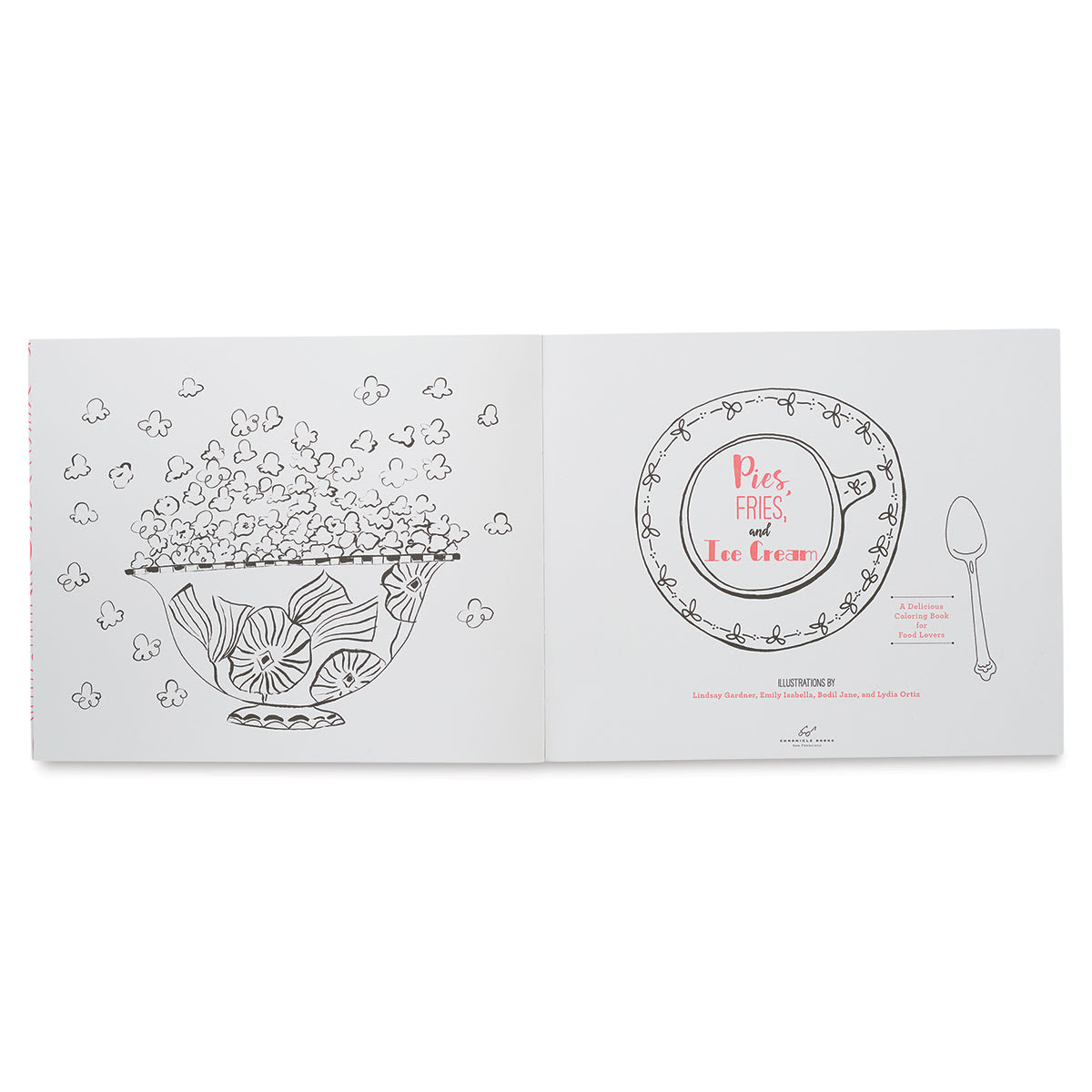 Pies, Fries, and Ice Cream: A Delicious Coloring Book for Food Lovers - Title page with popcorn Pies, Fries, and Ice Cream: A Delicious Coloring Book for Food Lovers - Title page with popcorn