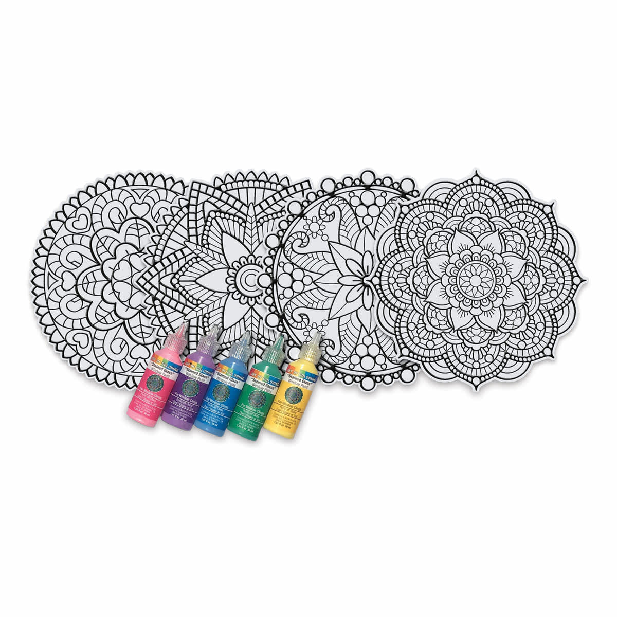 Stain Glass Window Art Cling Kit - Selection of mandalas with paints shown