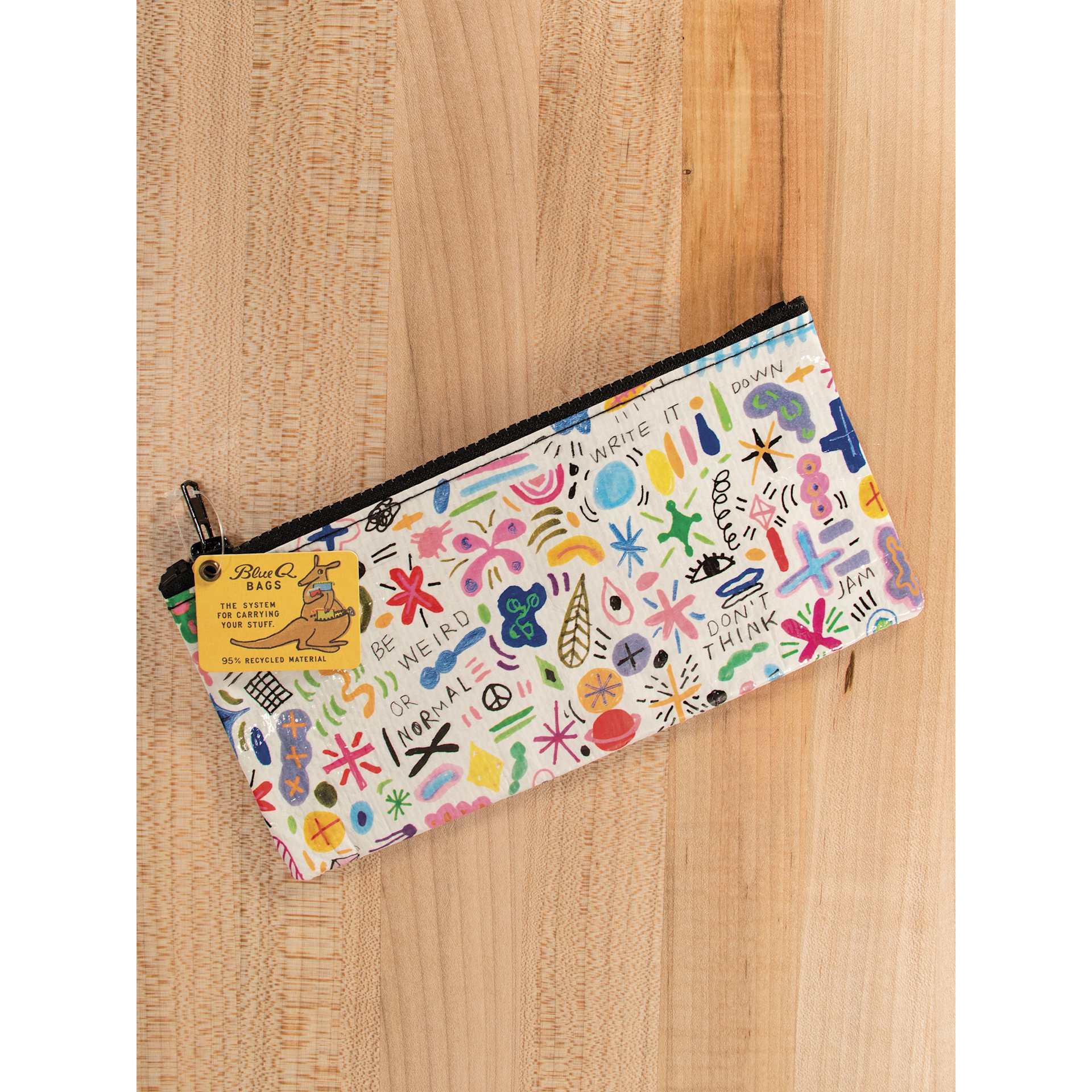 Blue Q Zipper Pencil Pouch - Doodle Party, 8-1/2" x 4-1/4", on table