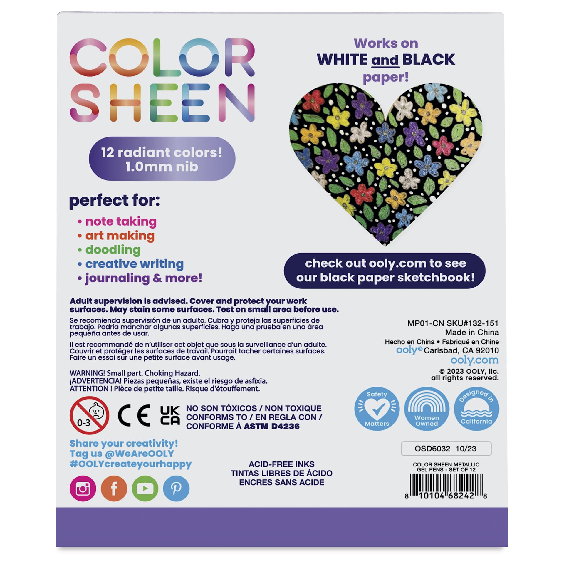 Ooly Color Sheen Metallic Gel Pens Set, back of package