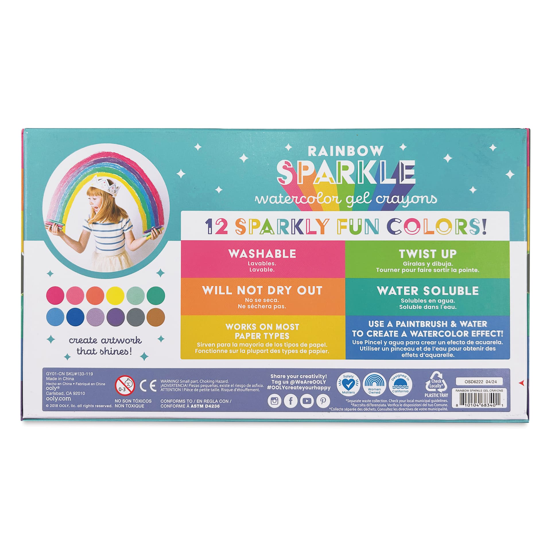 Ooly Rainbow Sparkle Metallic Watercolor Gel Crayon Set, back of package