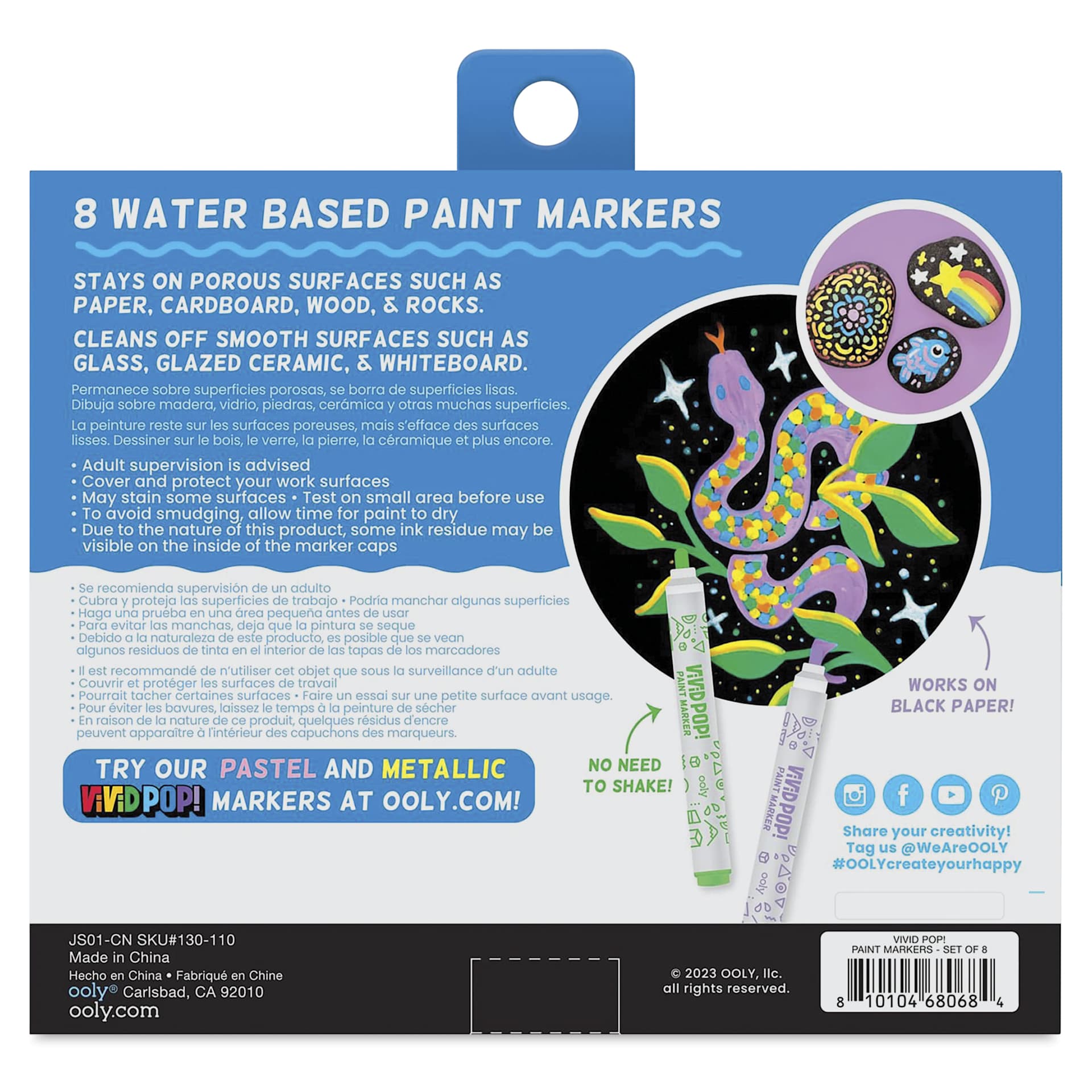Ooly Vivid Pop! Water-Based Paint Marker Set - Primary, Set of 8, back of package