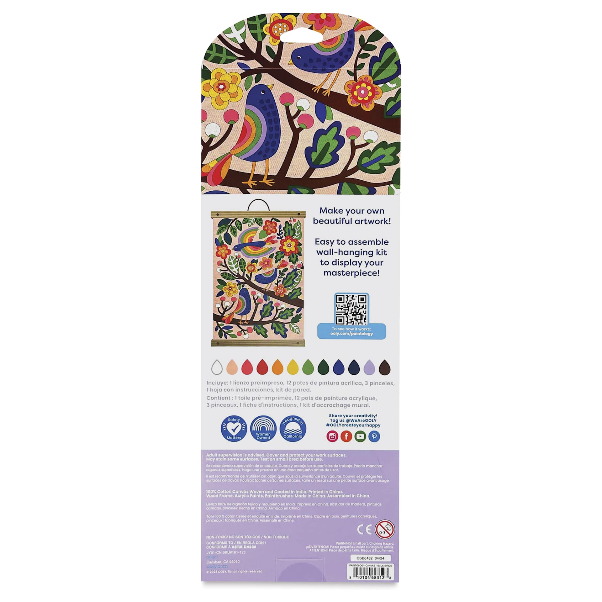 Ooly Paintology Paint-By-Number Canvas Kit - Blue Birds, back of packaging
