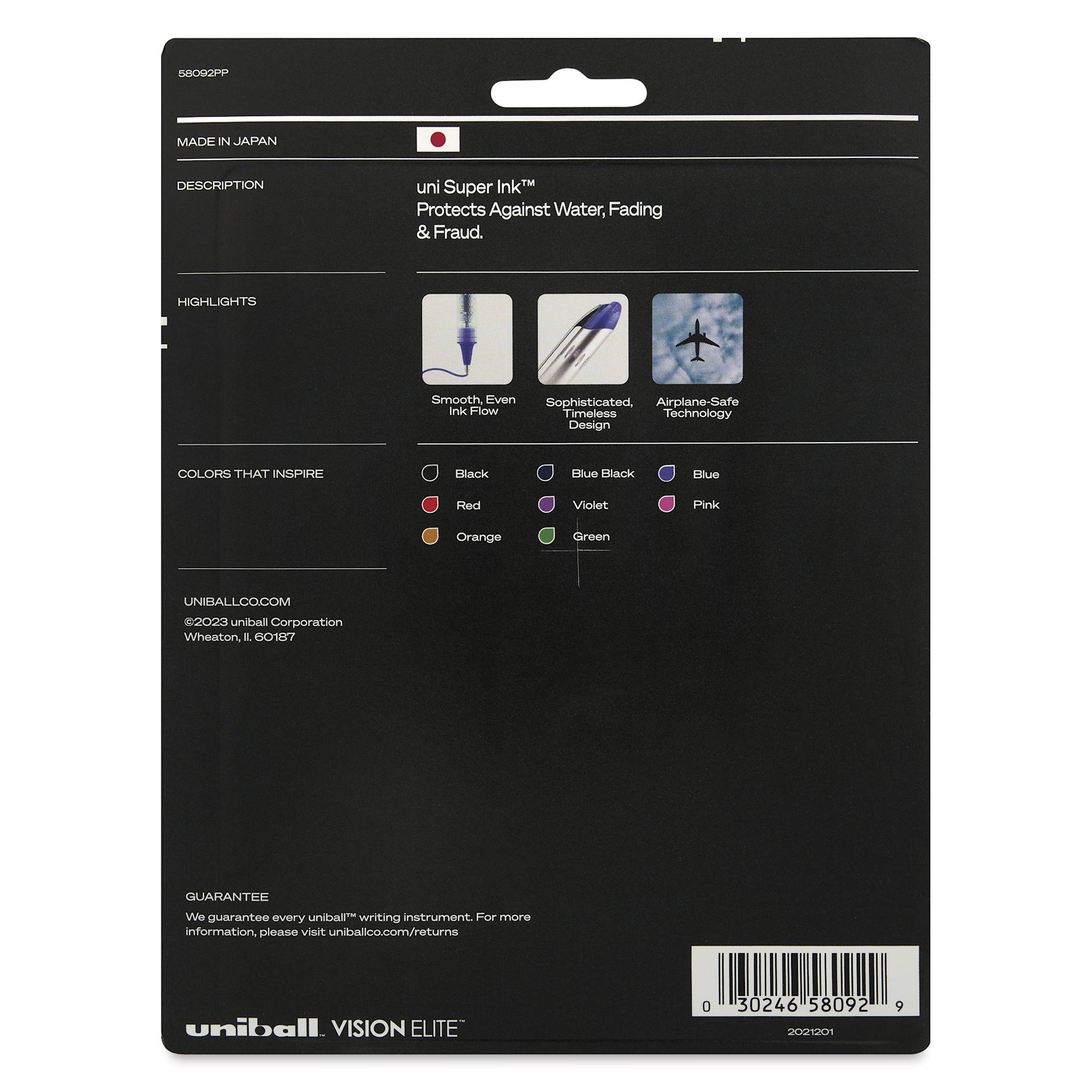 Uni-Ball Vision Elite Rollerball Pens - Micro Point, Set of 8, 0.5 mm, Assorted Colors - back of packaging