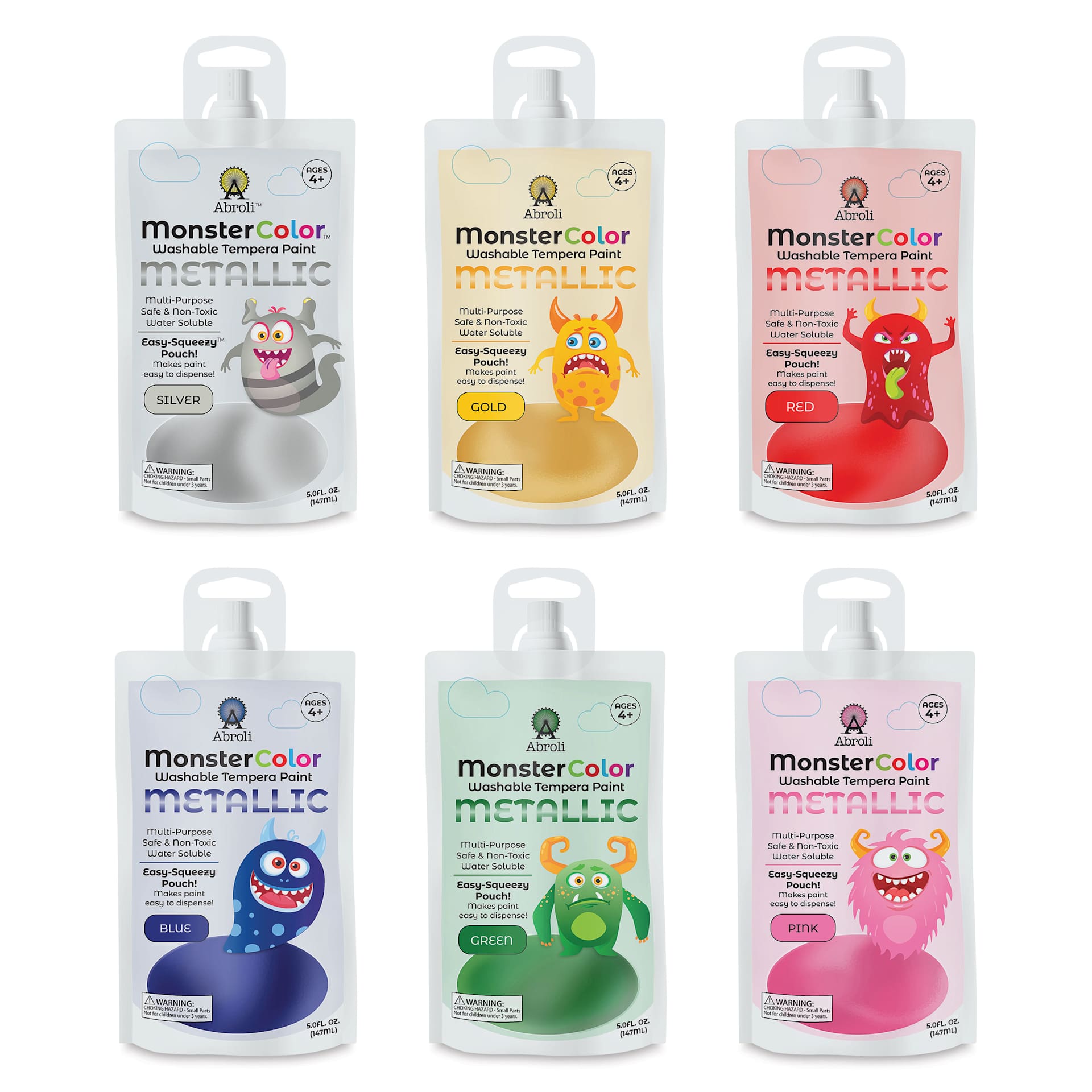 Abroli MonsterColor Washable Tempera Paint and Sets - Set of 8, Metallic Colors, pouches out of packaging