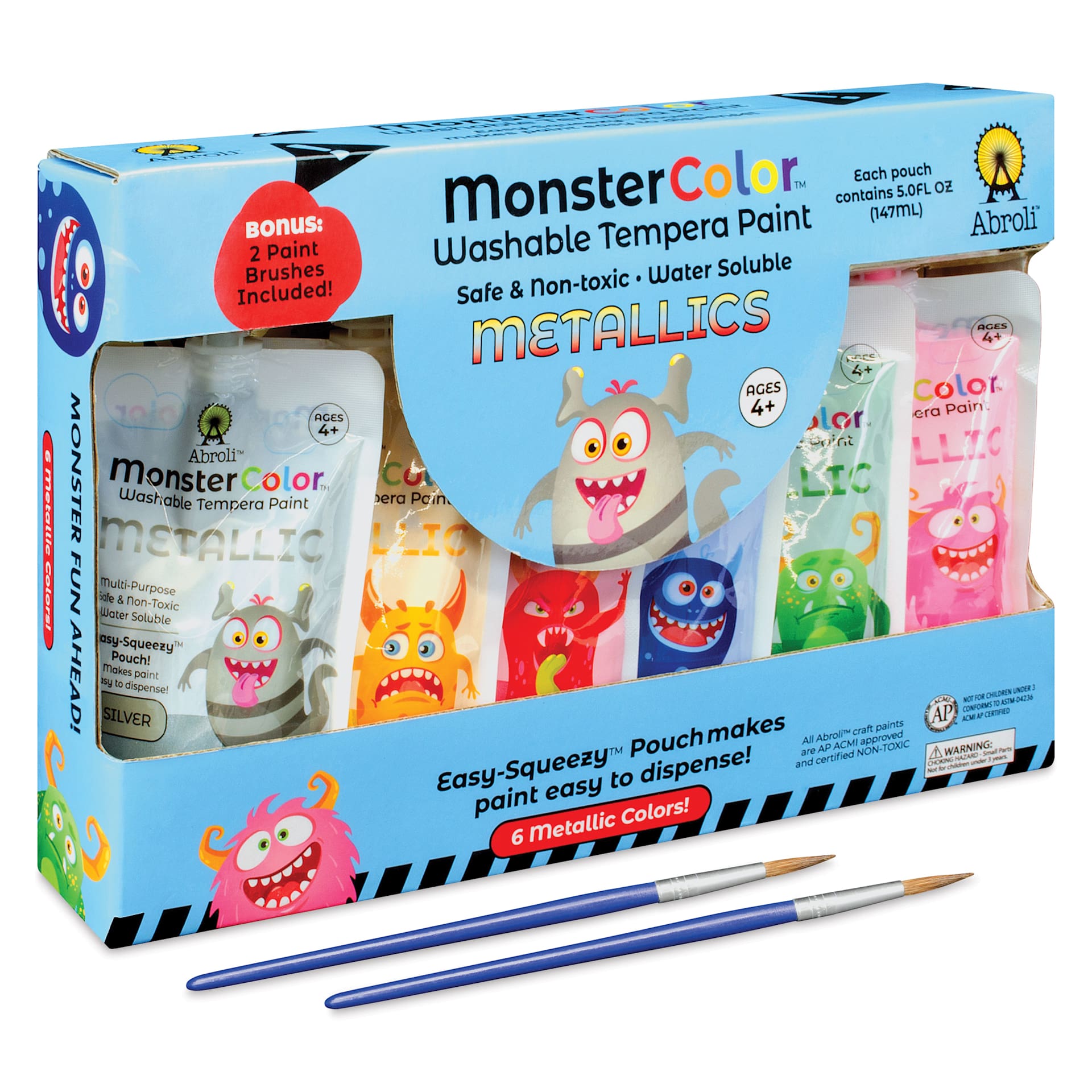 Abroli MonsterColor Washable Tempera Paint and Sets - Set of 8, Metallic Colors, brushes out of packaging