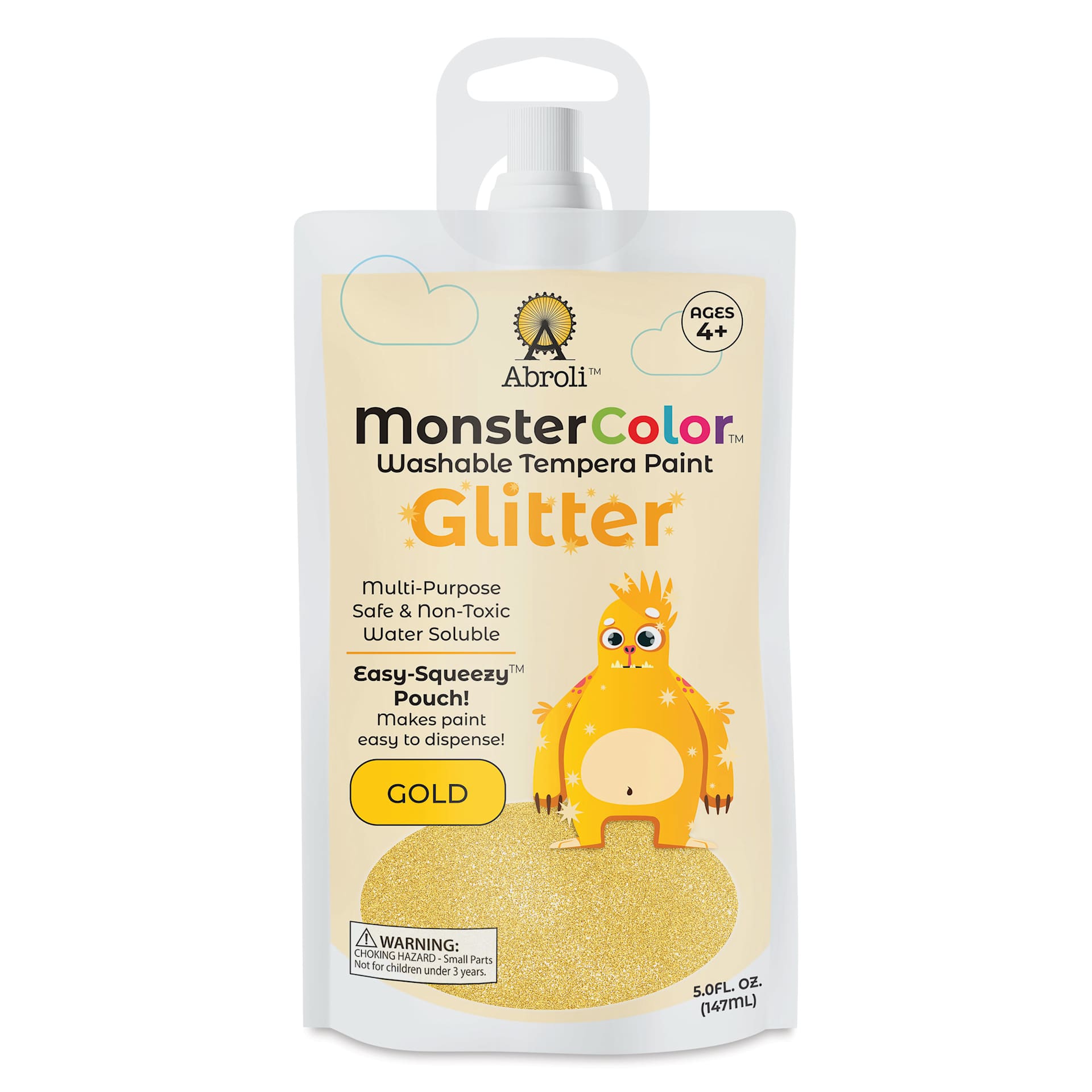 Abroli MonsterColor Washable Tempera Paint - Gold Glitter, 5 oz Pouch, front