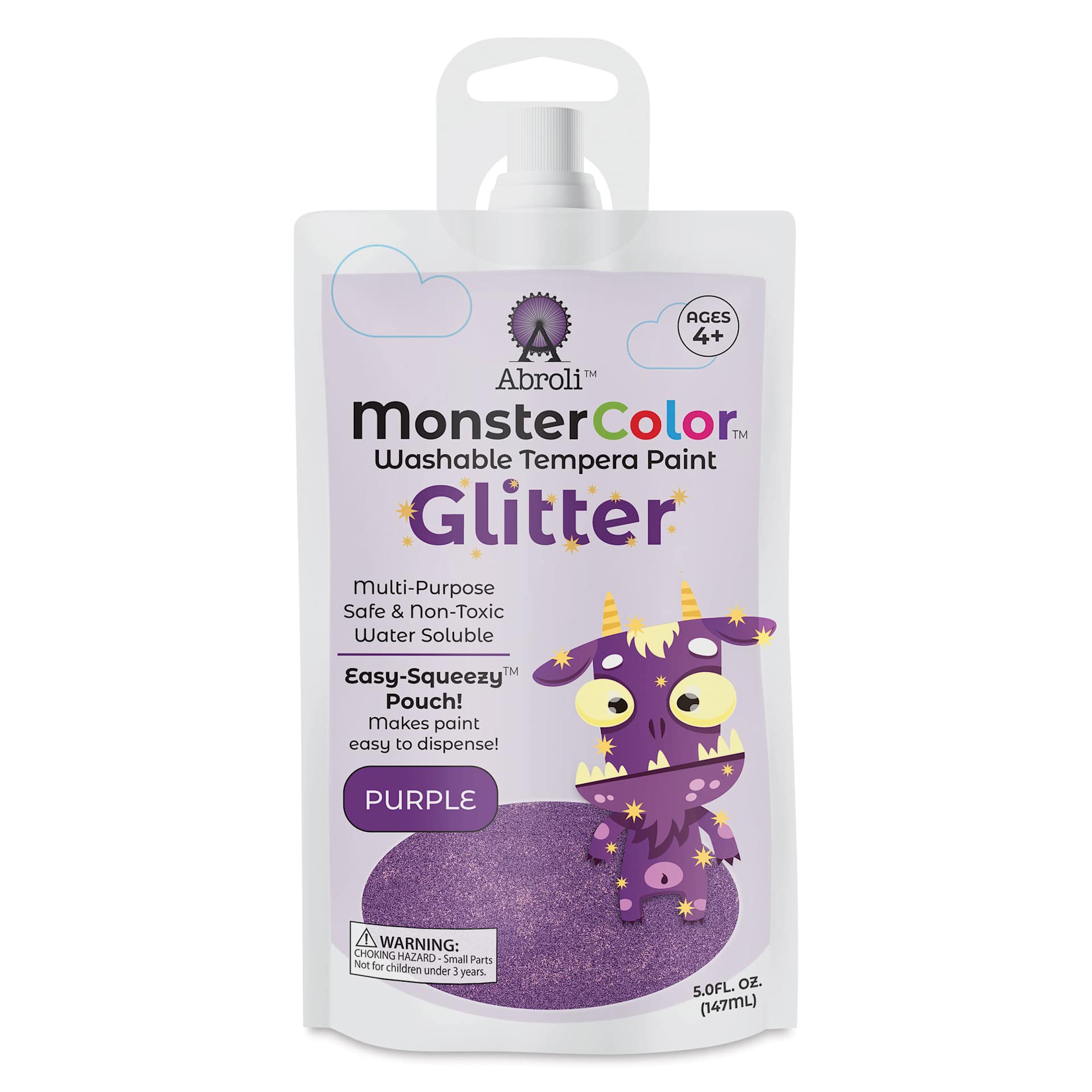 Abroli MonsterColor Washable Tempera Paint - Purple Glitter, 5 oz Pouch, front