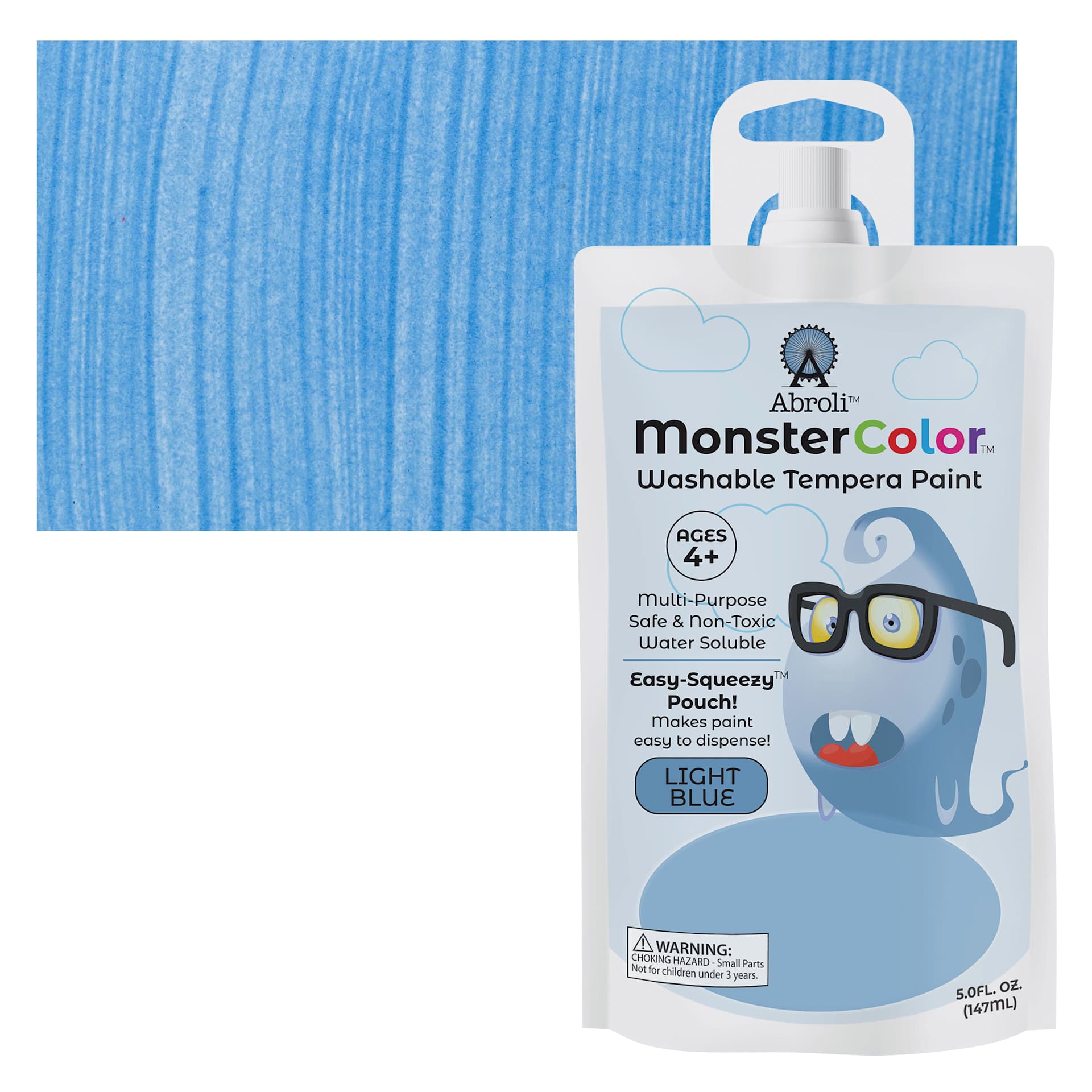 Abroli MonsterColor Washable Tempera Paint - Light Blue, 5 oz Pouch and swatch