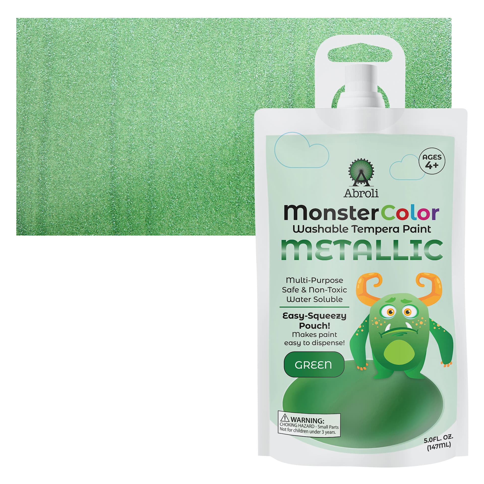 Abroli MonsterColor Washable Tempera Paint - Metallic Green, 5 oz Pouch and swatch
