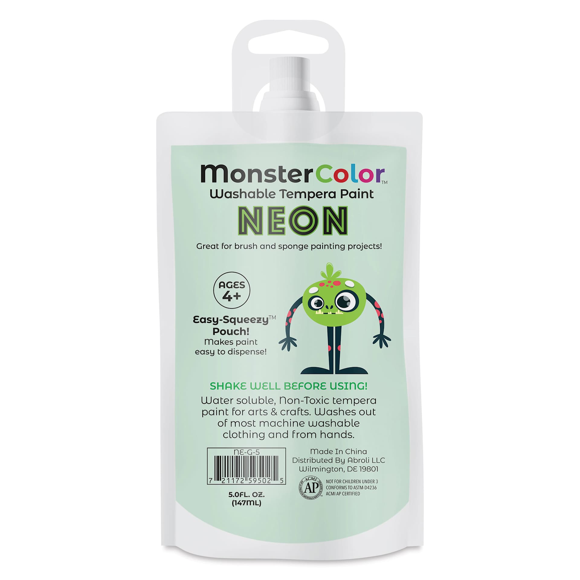 Abroli MonsterColor Washable Tempera Paint - Neon Green, 5 oz Pouch