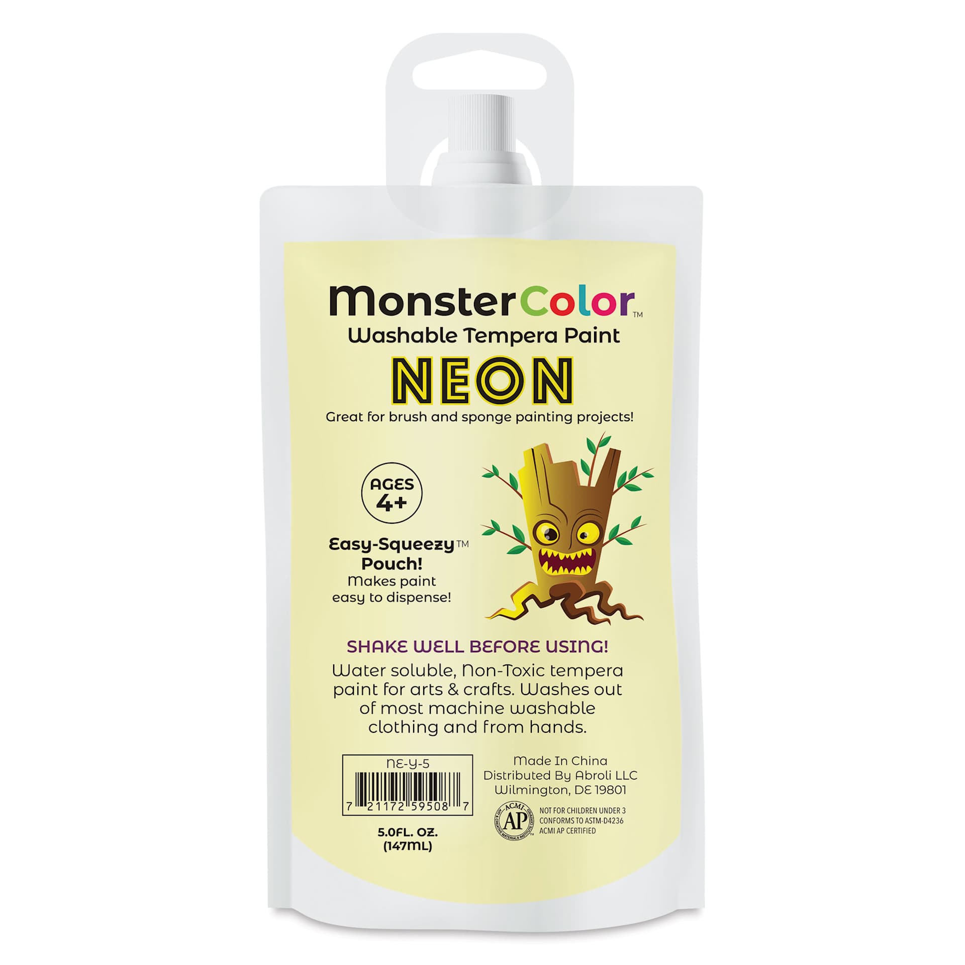 Abroli MonsterColor Washable Tempera Paint - Neon Yellow, 5 oz Pouch