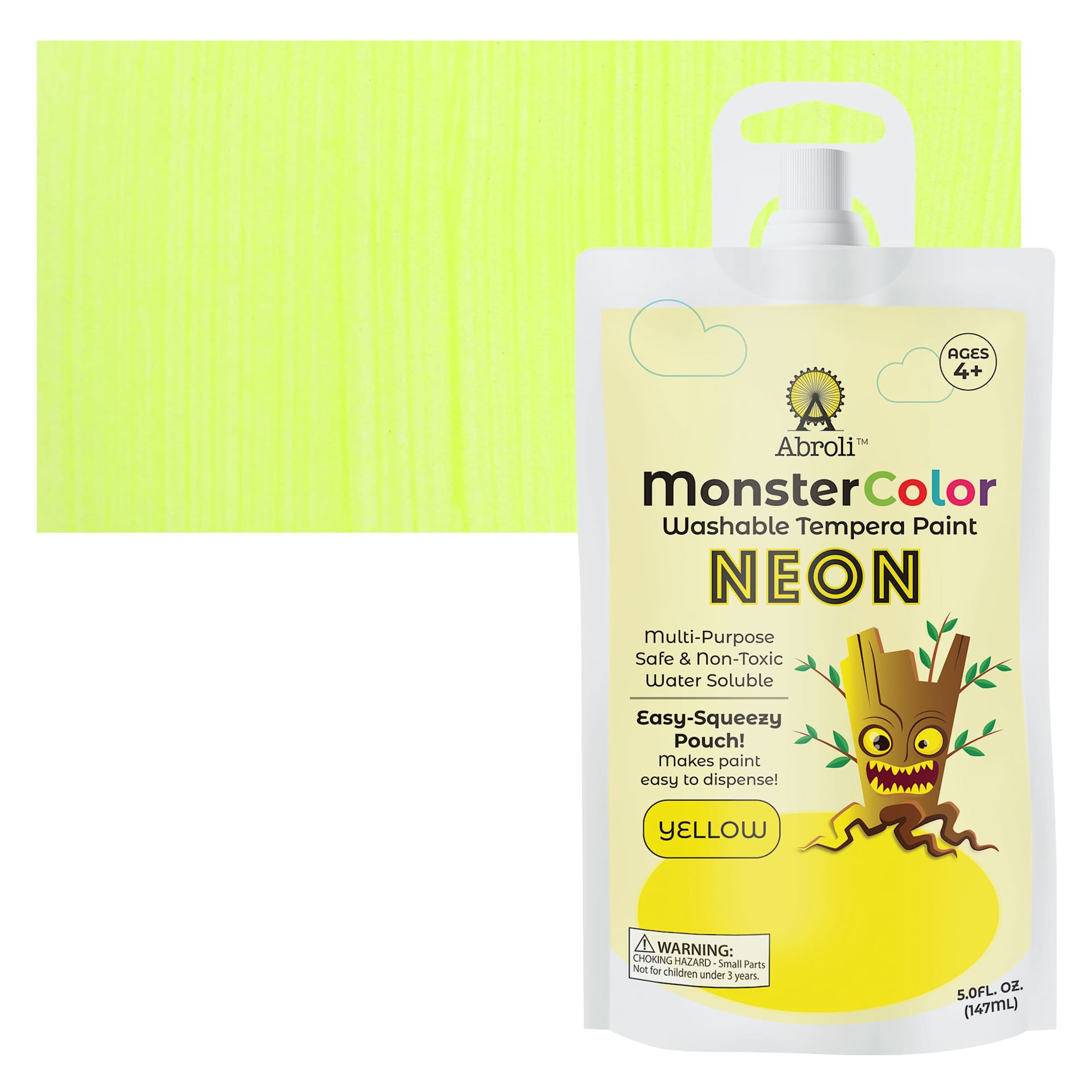 Abroli MonsterColor Washable Tempera Paint - Neon Yellow, 5 oz Pouch and swatch