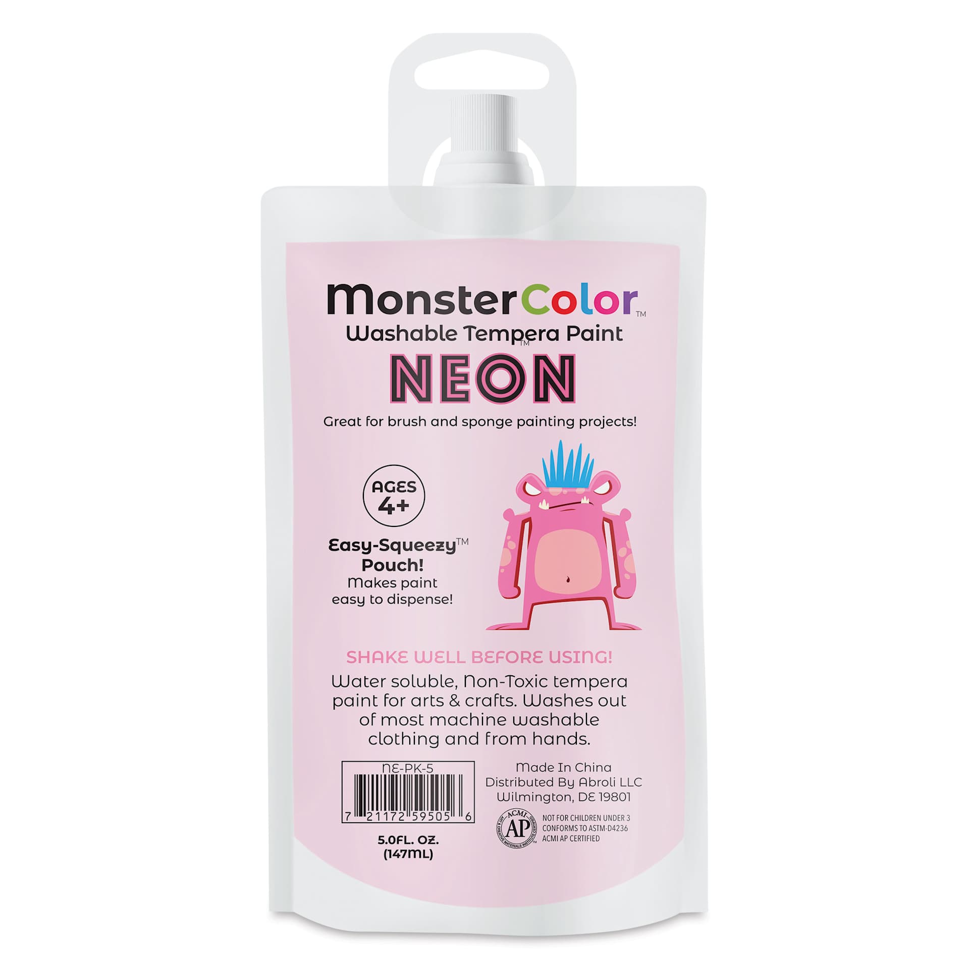 Abroli MonsterColor Washable Tempera Paint - Neon Pink, 5 oz Pouch