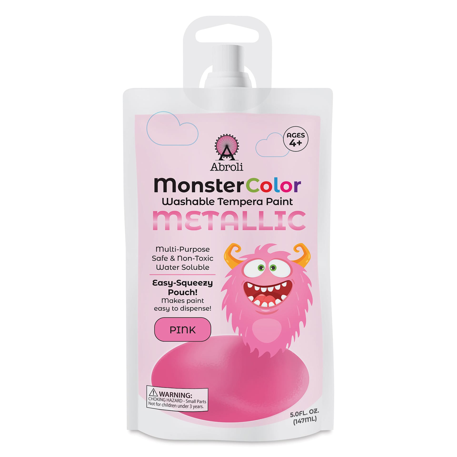 Abroli MonsterColor Washable Tempera Paint - Metallic Pink, 5 oz Pouch, front