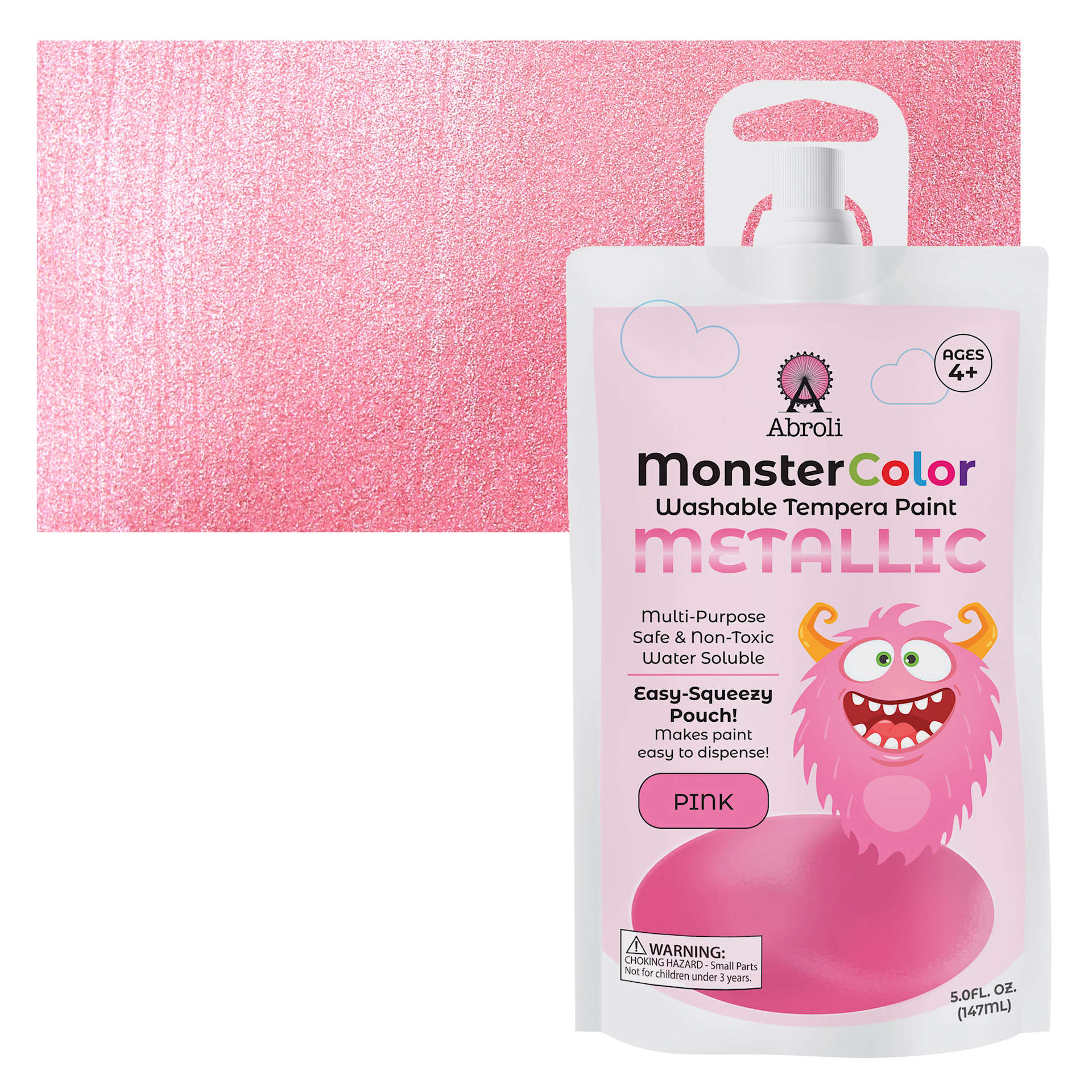 Abroli MonsterColor Washable Tempera Paint - Metallic Pink, 5 oz Pouch and swatch
