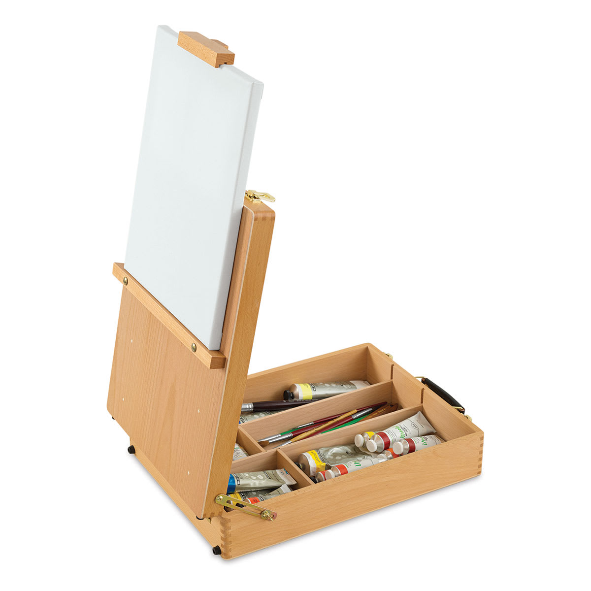 Blick Studio Sketch Box Easel - Natural Beechwood shown with canvas and supplies (not included)