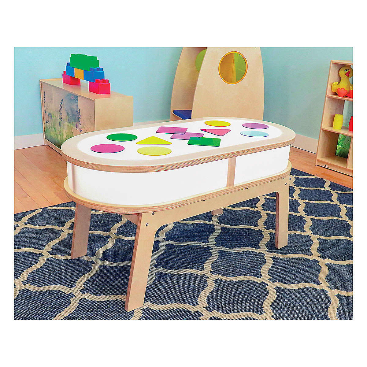 Whitney Brothers Radiant LED Light Table - On, with brightly colored shapes shown on table