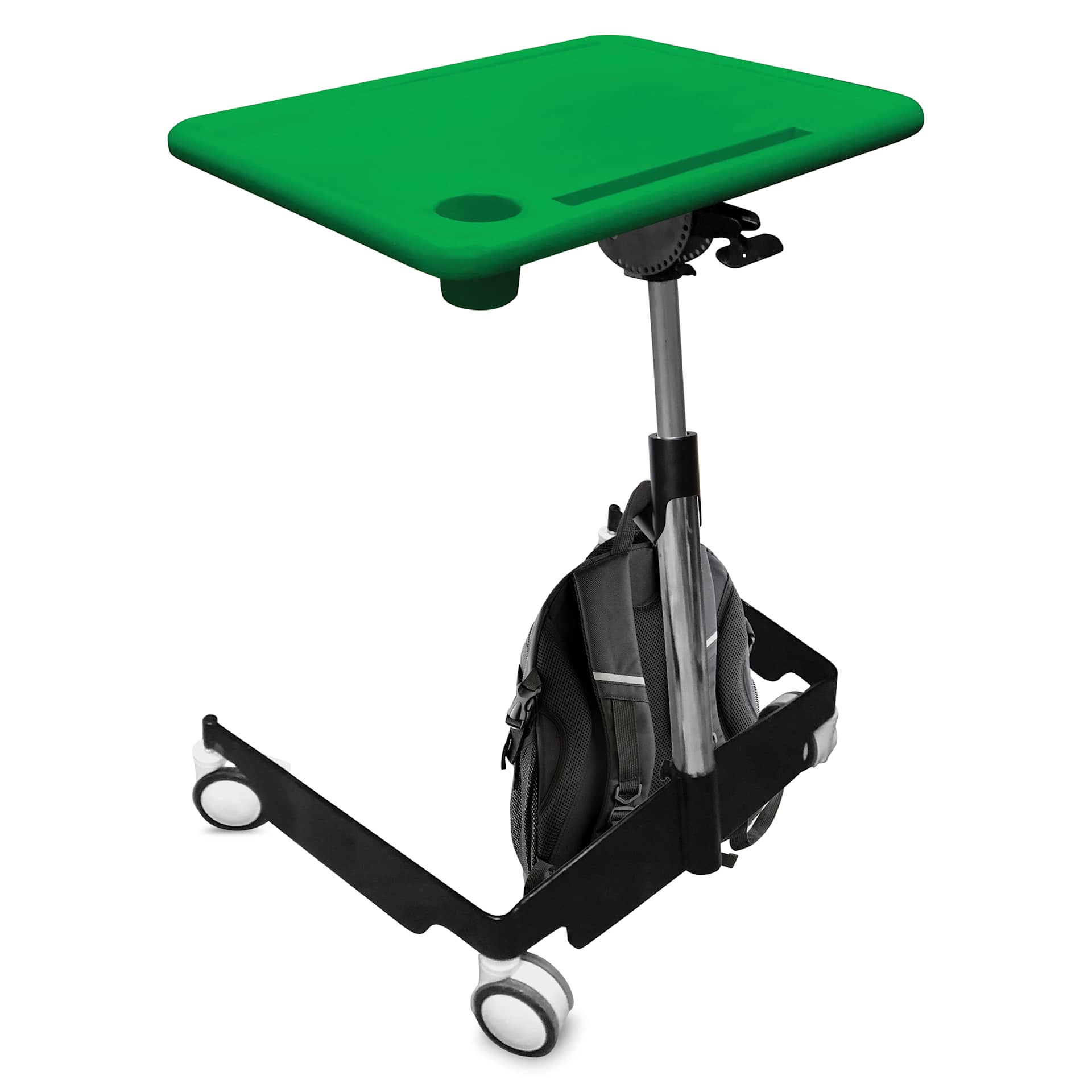 Kore Design Kids Sit-Stand Mobile Student Desk - Green with backpack on hook