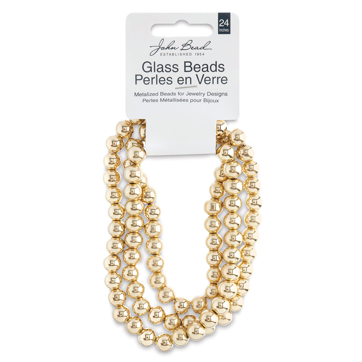 John Bead Metalized Glass Beads - 24" Gold 8 mm Strand in Hanging package
