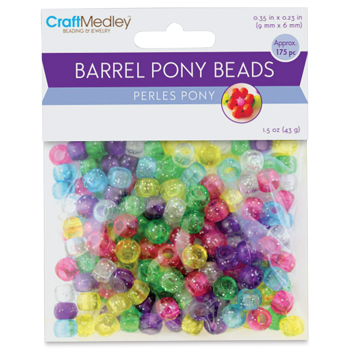 Craft Medley Barrel Pony Beads - Multicolor, Sparkle, Package of 175 (In packaging)