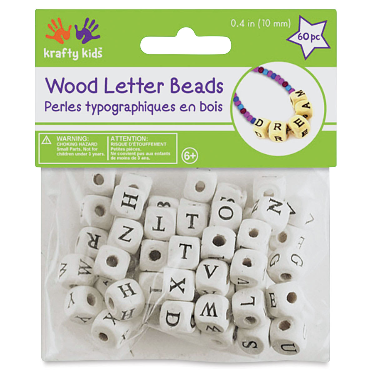 Krafty Kids Wood Alphabet Beads - White, 10 mm, Package of 60 (In packaging)