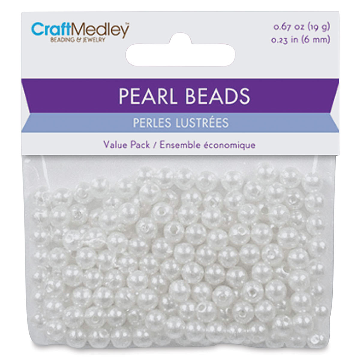 Craft Medley Pearl Acrylic Beads - White, 6 mm, Package of 185 (In packaging)