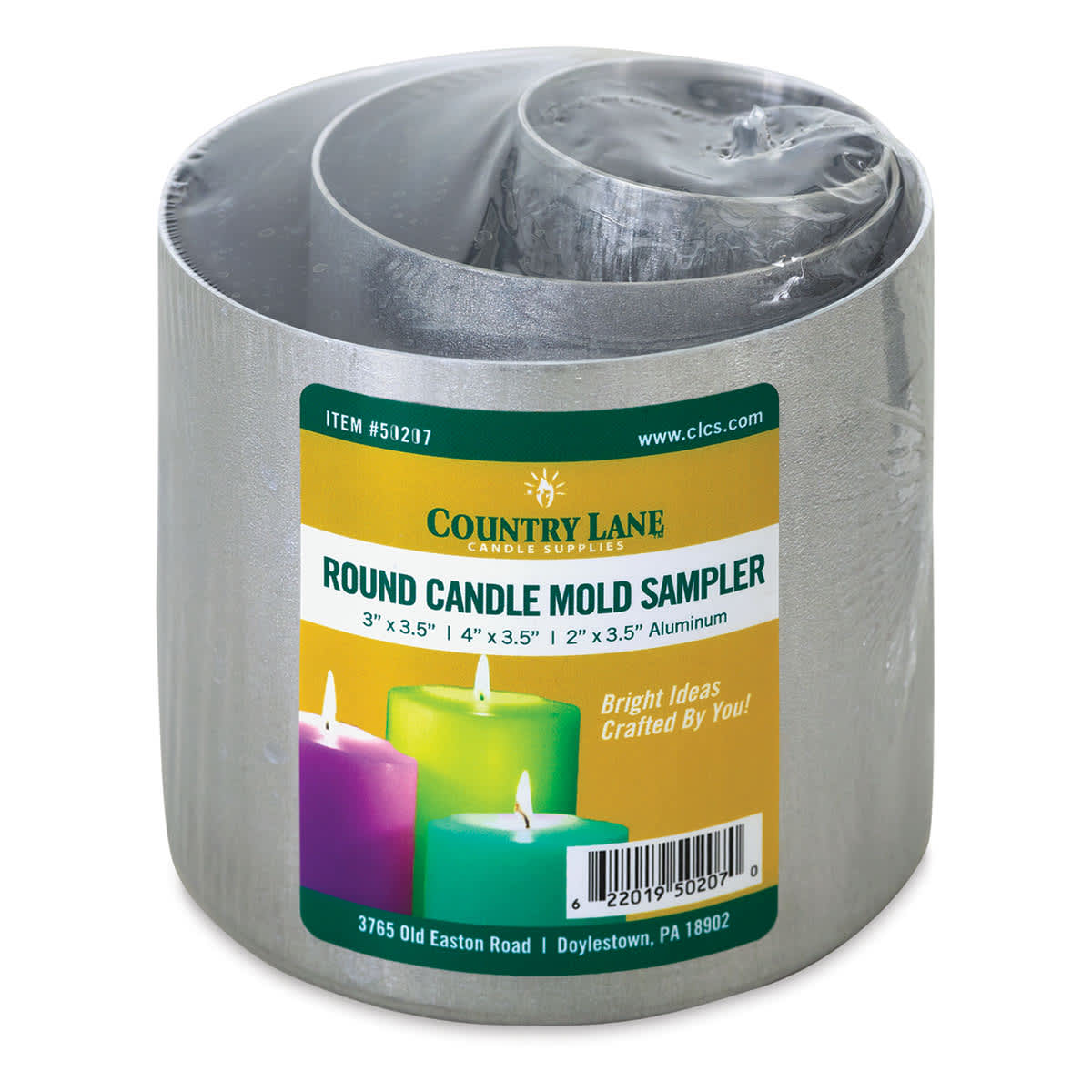 Country Lane Candle Molds - Front of package of Round Metal 3 piece Sampler Molds