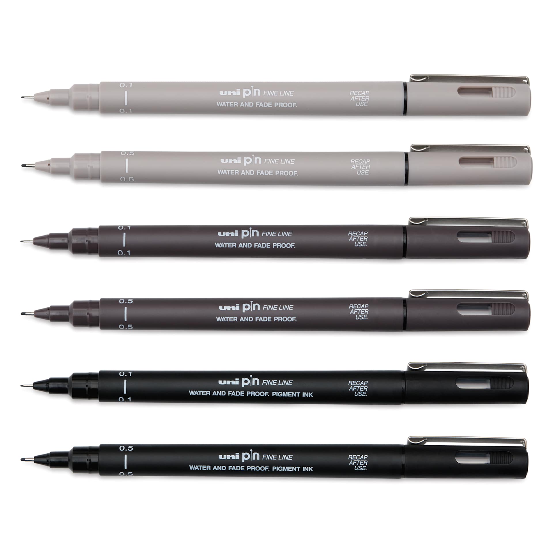 Uni Pin Fine Liner Pen - Set of 6, Black and Gray, cap off