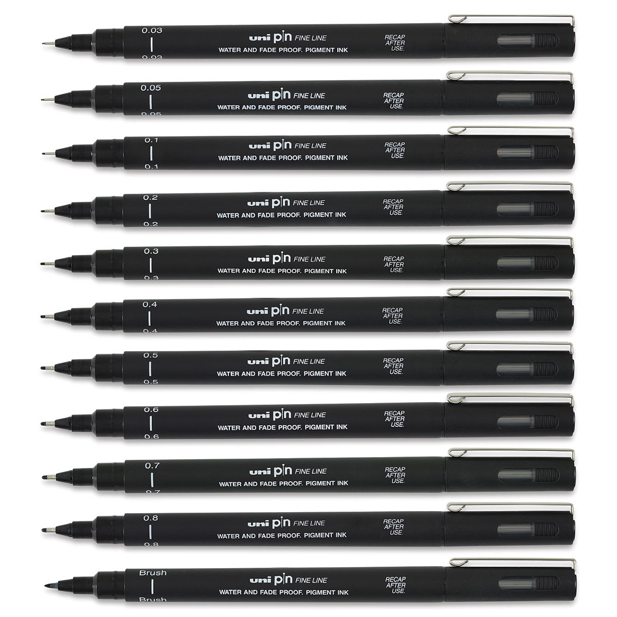 Uni Pin Fine Liner Pen Sets - Range of size pens available shown horizontally