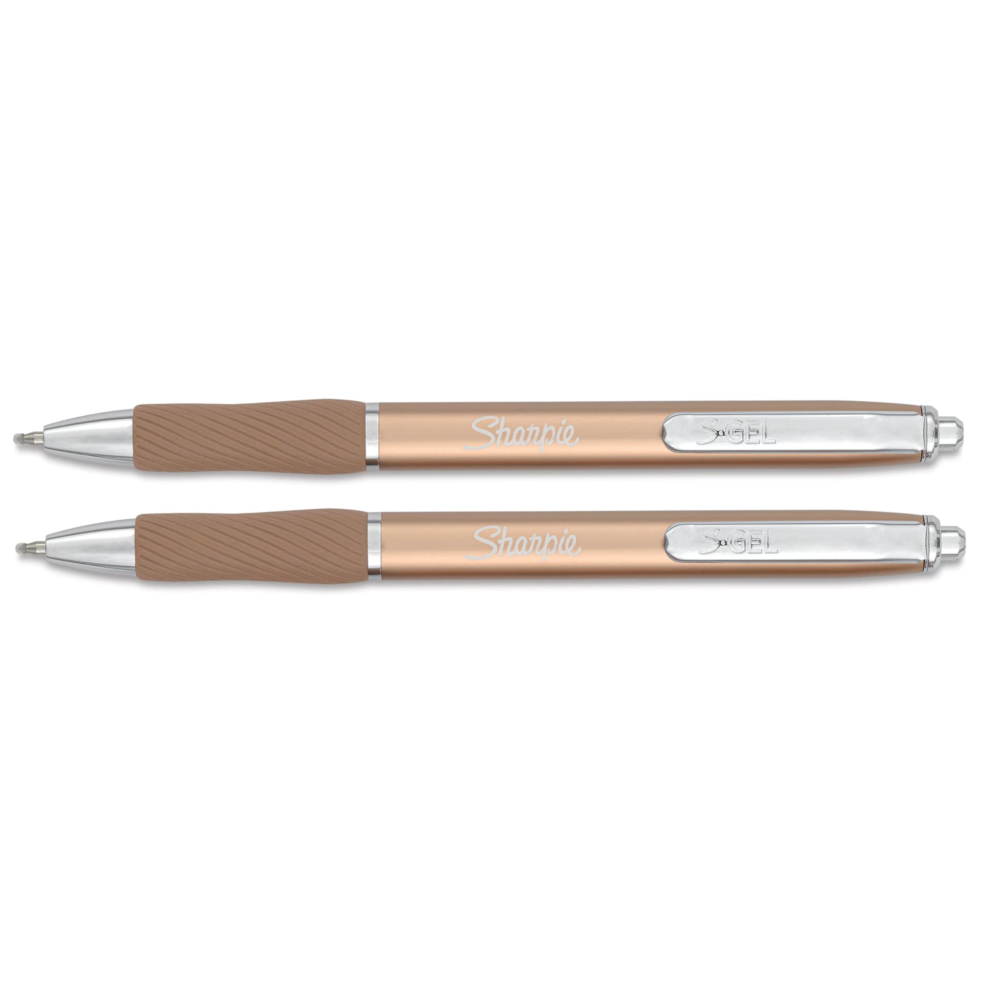 Sharpie Metal Barrel S-Gel Pens - Champagne, Pkg of 2, 0.7 mm, pens laid out Sharpie Metal Barrel S-Gel Pens - Champagne, Pkg of 2, 0.7 mm, pens laid out