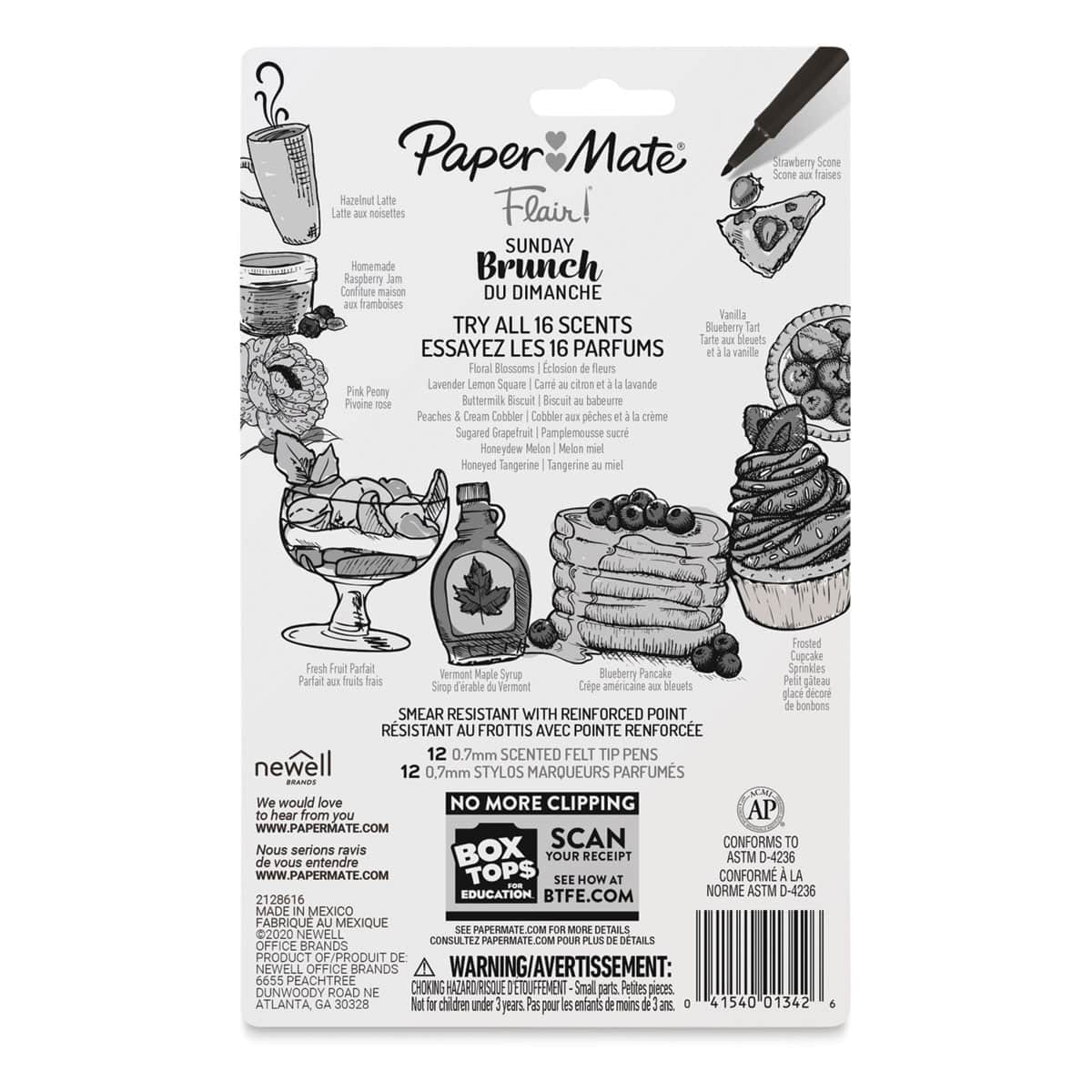 Paper Mate Flair Scented Pens - Sunday Brunch, Set of 12, back of the packaging